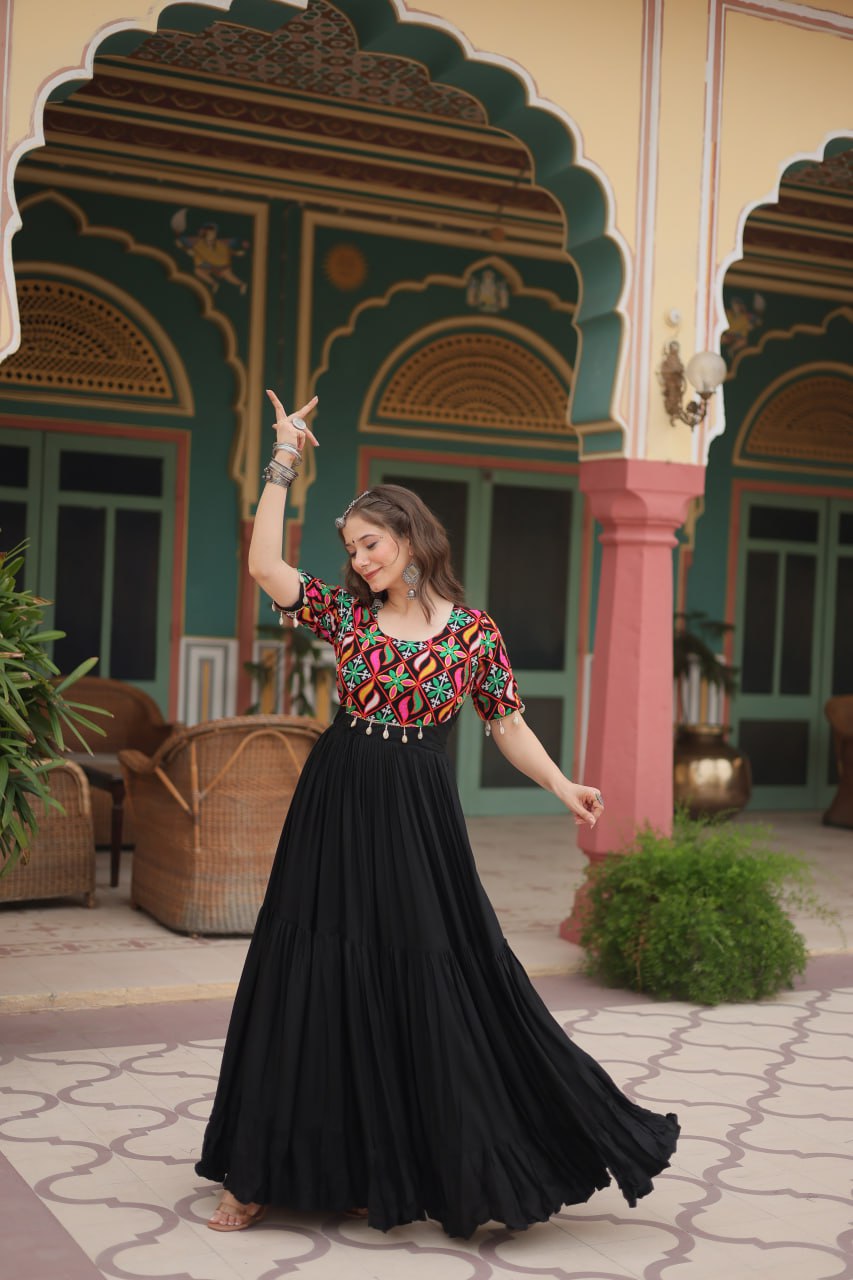 ClothsVilla Black Designer Rayon Gown with Kutchi Gamthi Kodi Work and 3-Layer Gathering Stitch