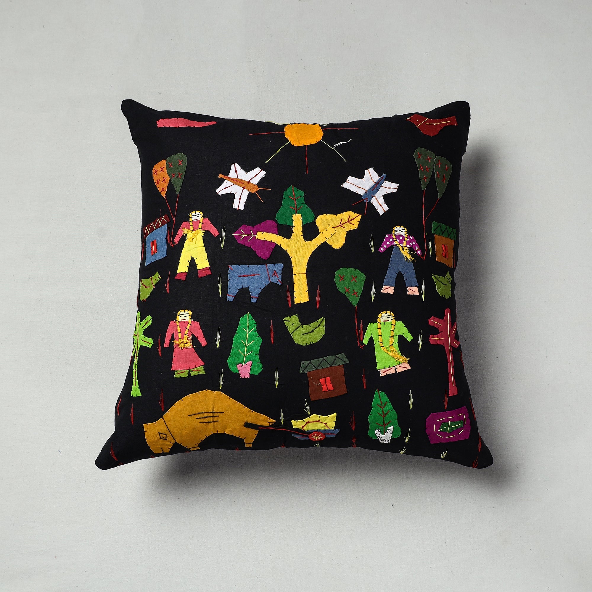 ASHOKA ASSEMBLE - CELEBRATING CRAFTS OF ODISHA Black - Pipli Applique Work Cotton Cushion Cover (16 x 16 in)