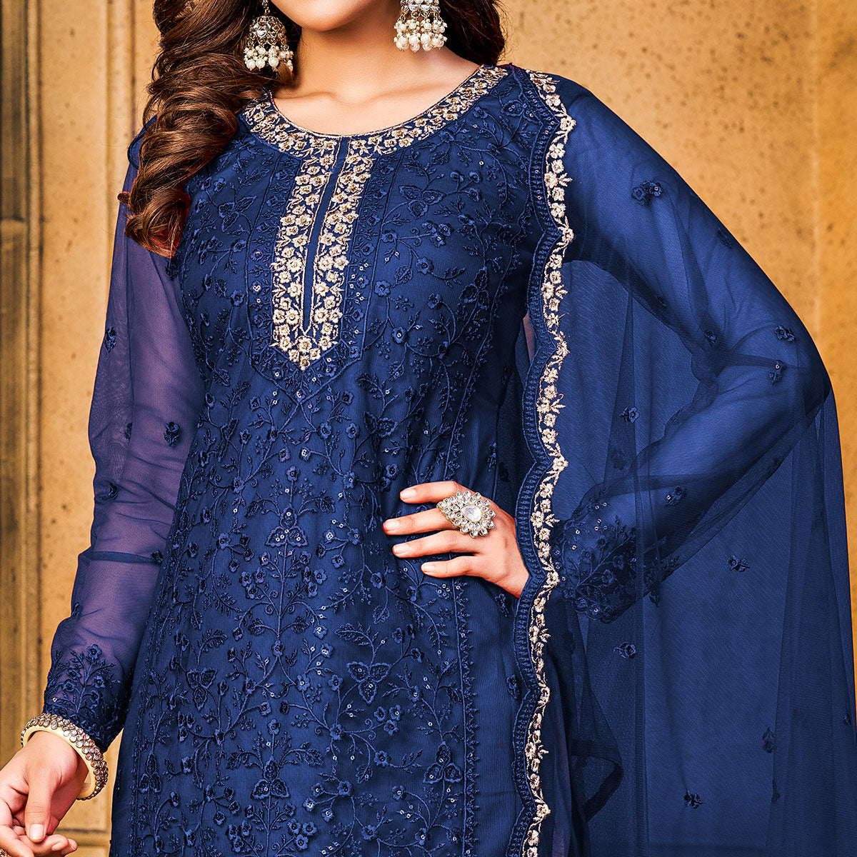 Peachmode Blue Sequins Floral Embroidered Net Semi Stitched Suit - view 3