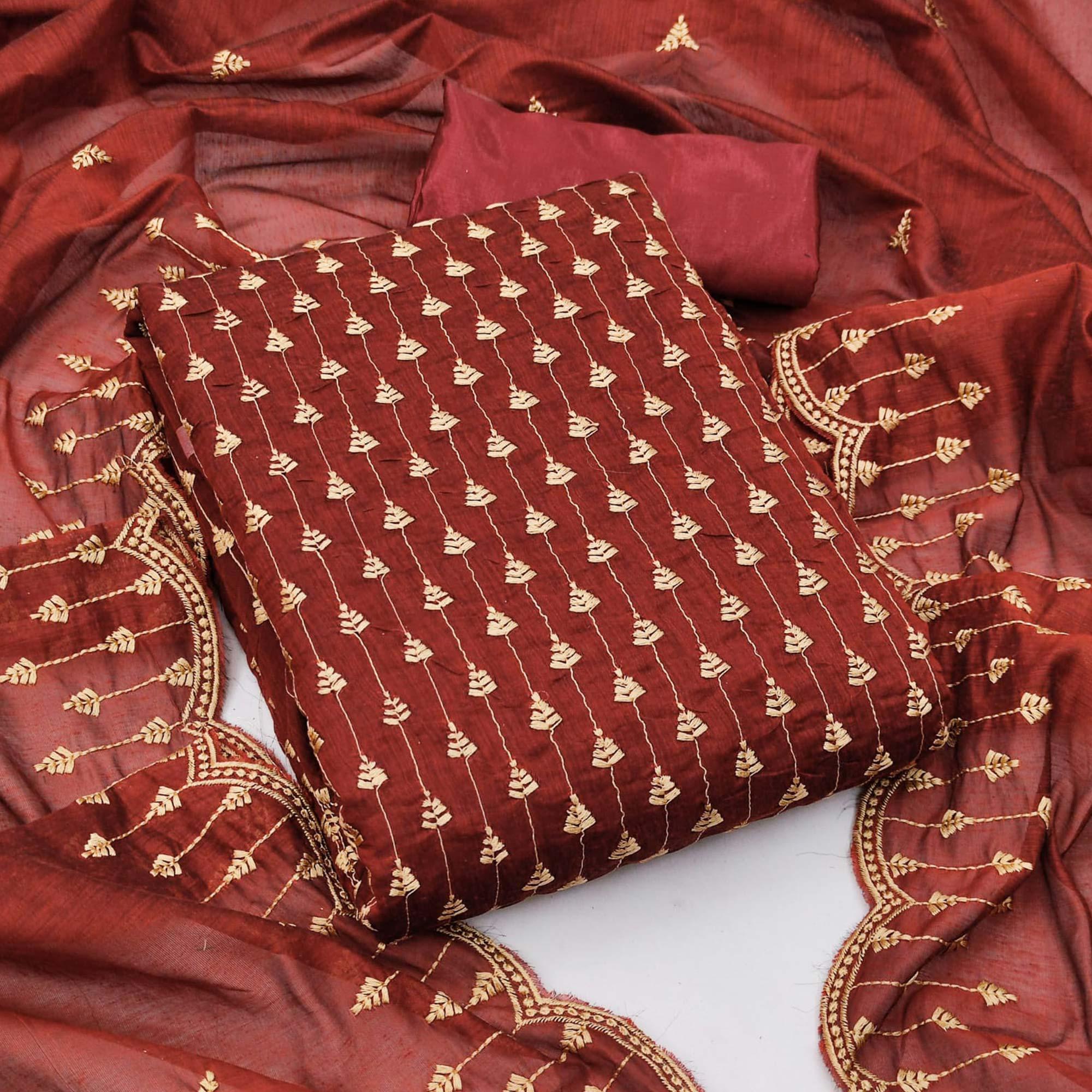 Peachmode Maroon Casual Wear Embroidered Modal Chanderi Dress Material