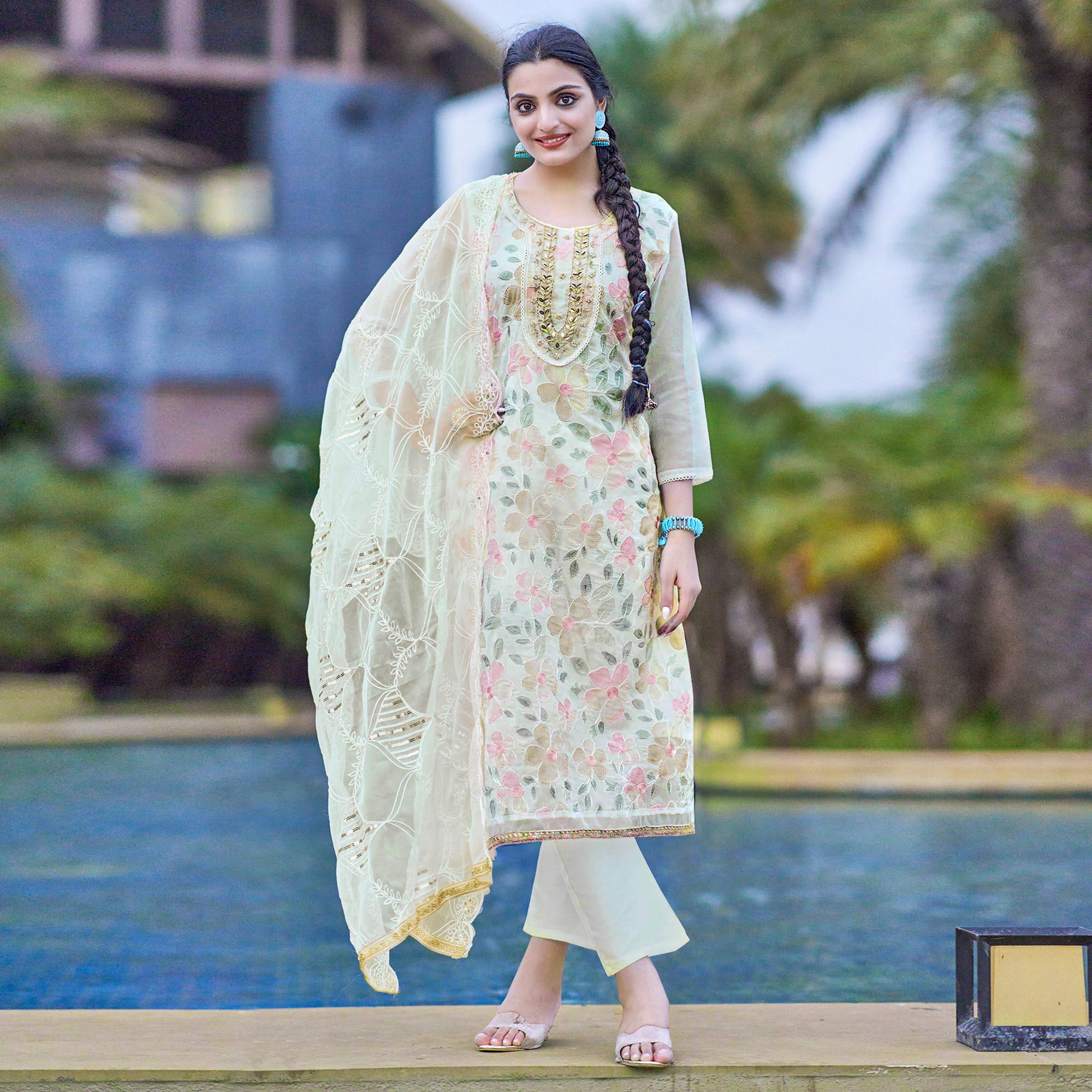 Peachmode Seller Cream Printed With Handwork Organza Salwar Suit