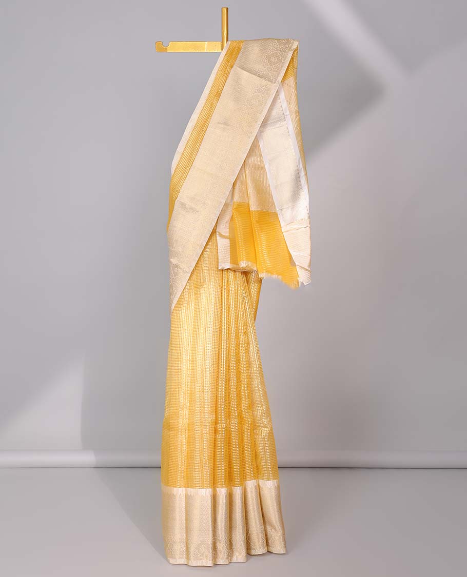 Pothys Yellow checked semi-banaras tissue saree, contrast traditional zari design border & intricate pallu