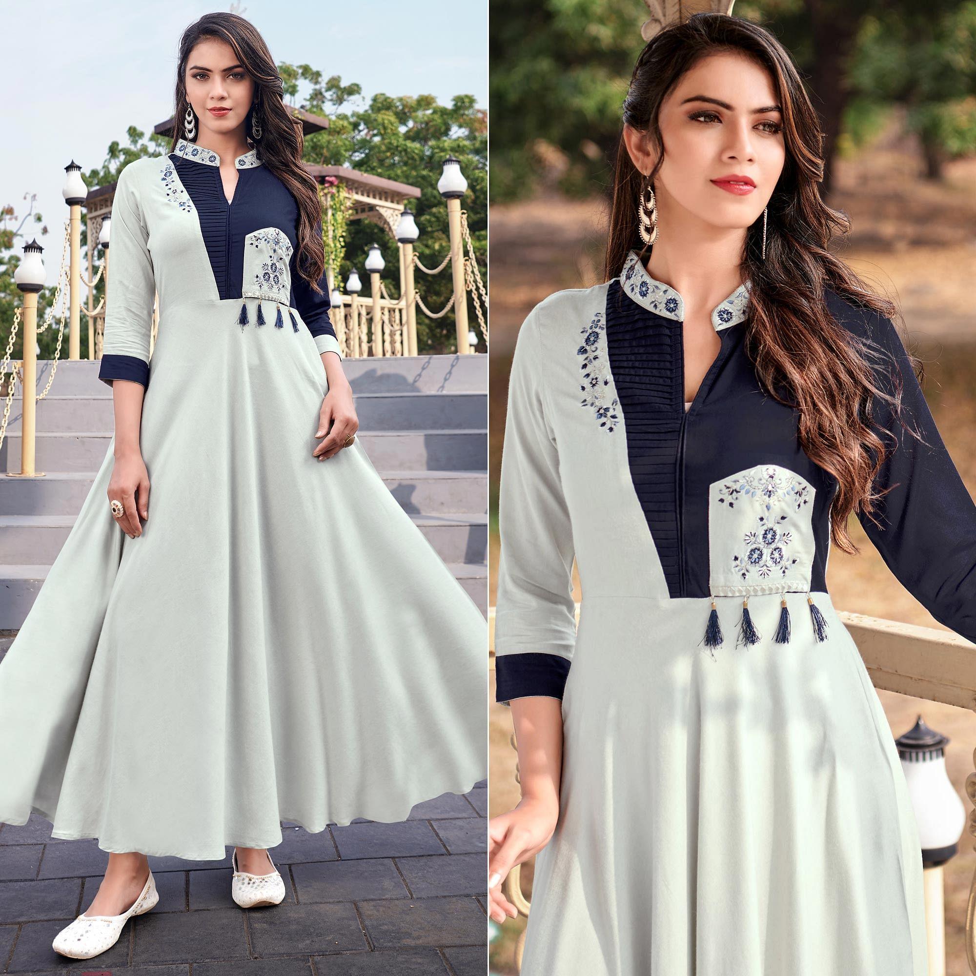White gowns – BlackTree off-white-casual-wear-embroidered-rayon-gown-140741