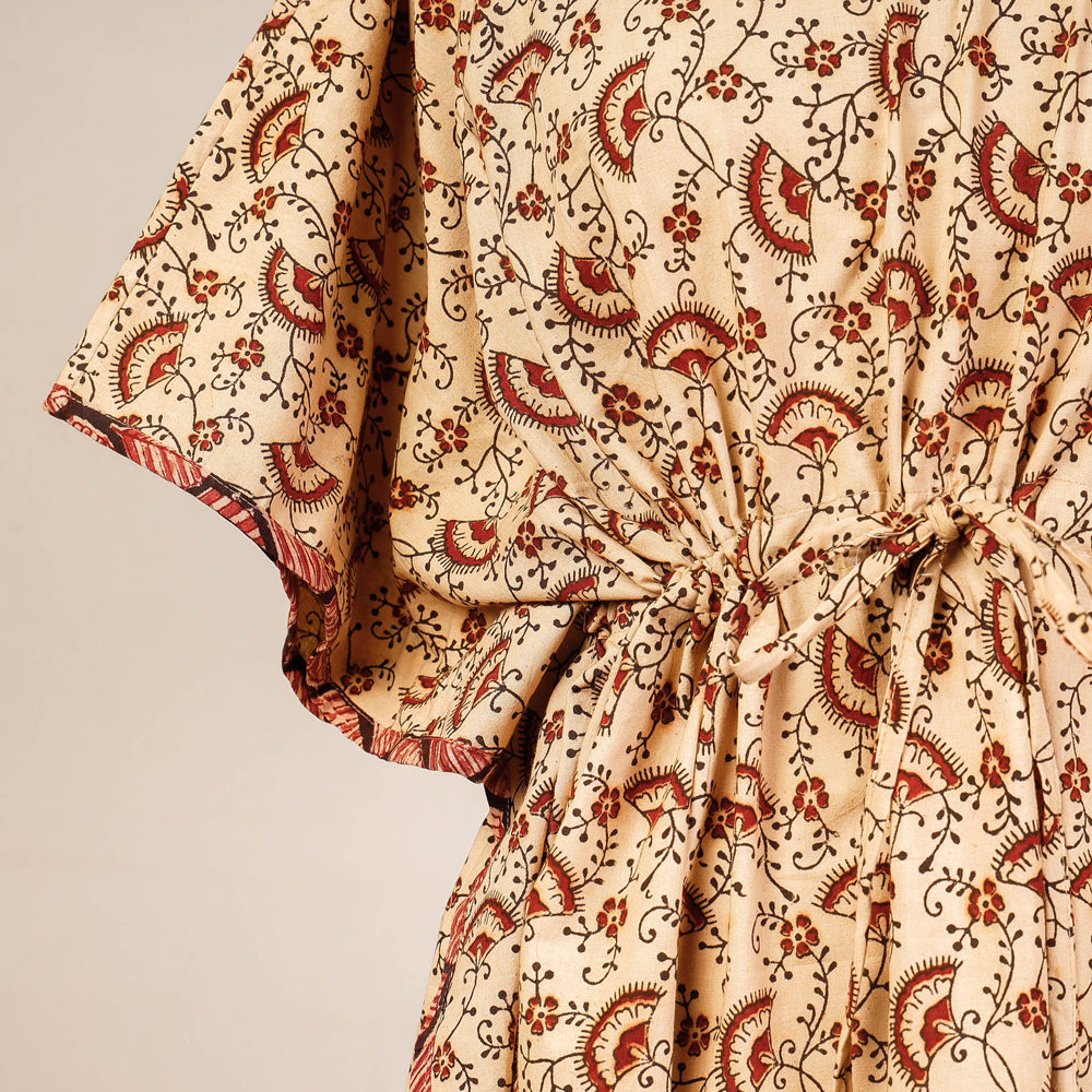 CHUTNEY CRAFT STUDIO Beige - Block Print Cotton Kalamkari Kaftan with Tie-Up Waist (Medium) - view 2