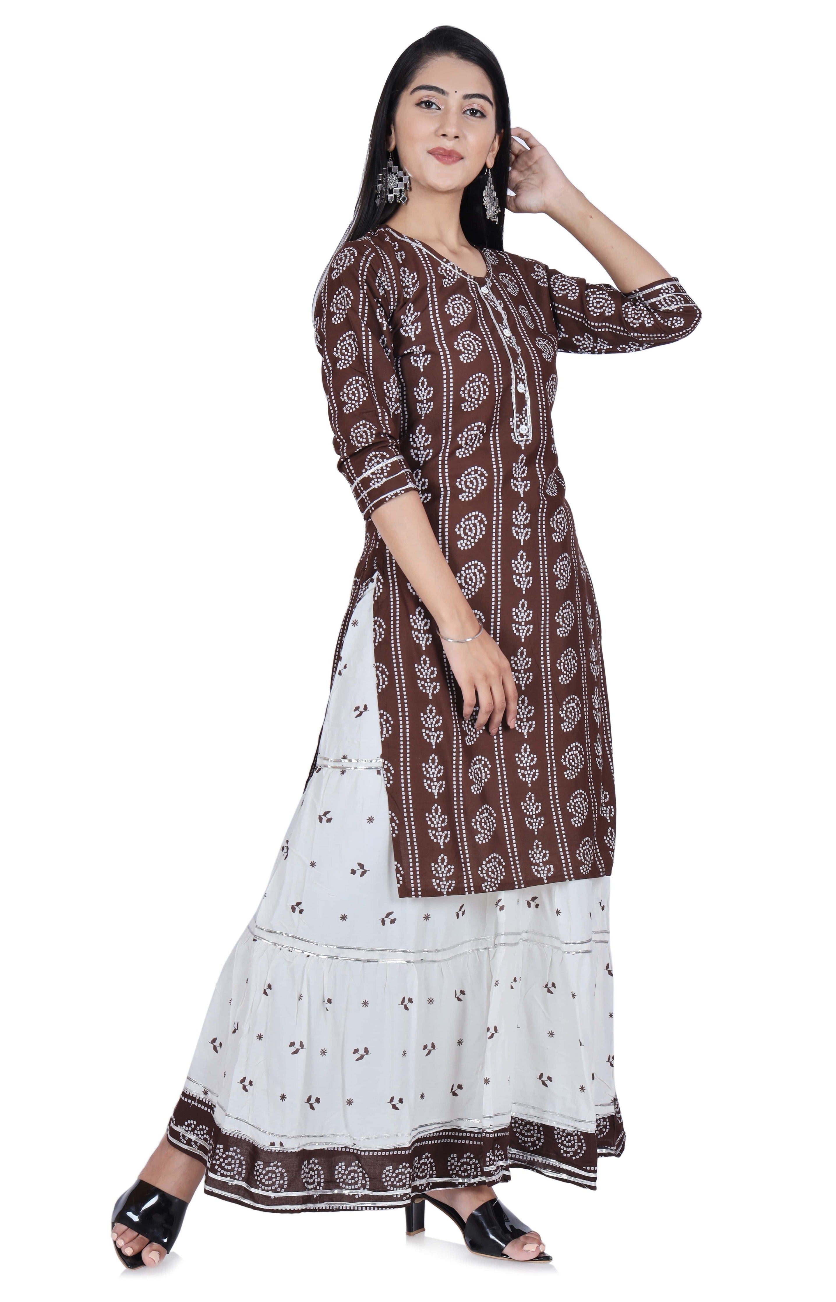 Fab Alchemy Brown Printed Cotton Kurta and Skirt Set - view 3