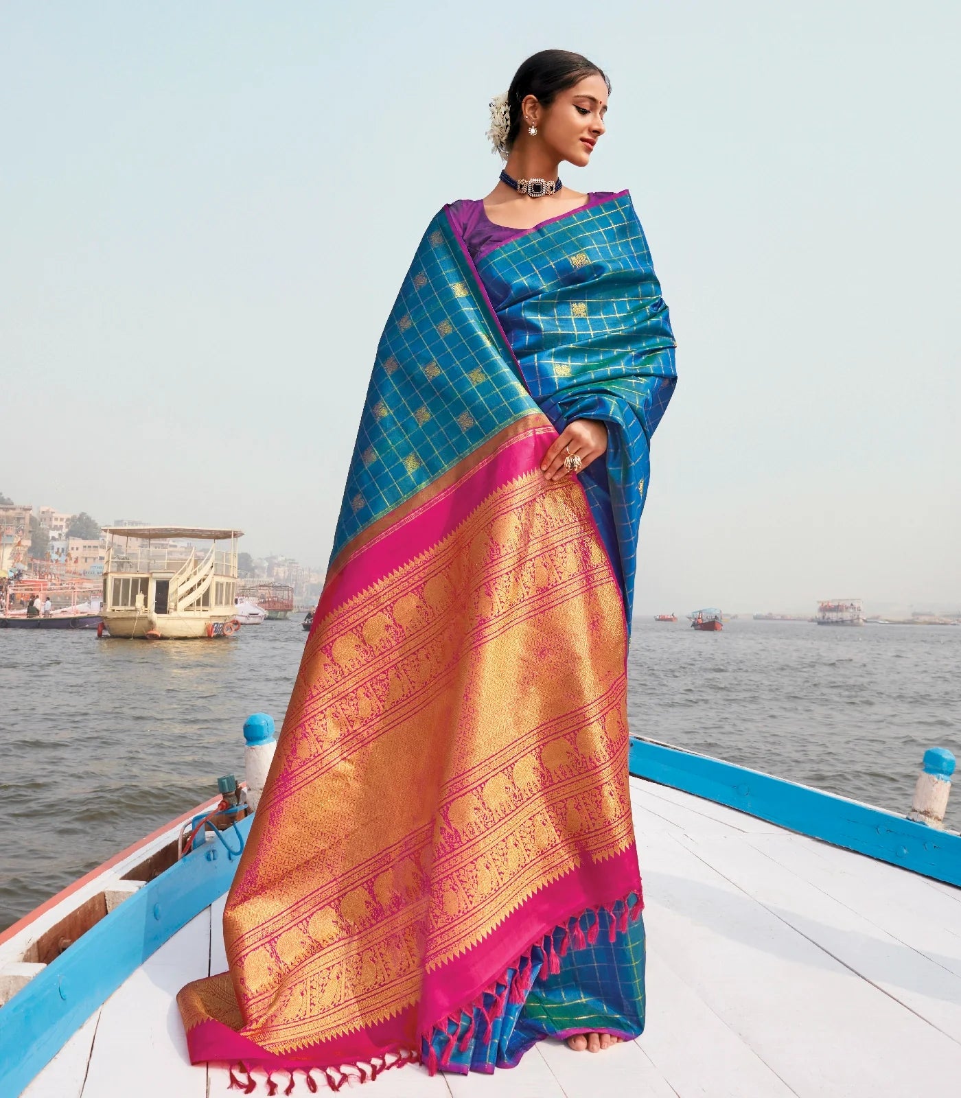 RmKV Cyan Handloom Kanchipuram Silk Saree With Checks & Annam Buttas