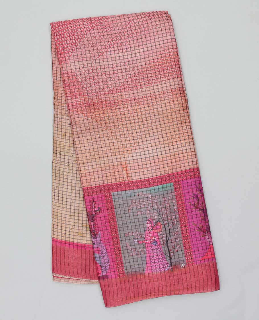 Pothys Multi-color-checked semi-banaras linen saree with human motifs print, striped border