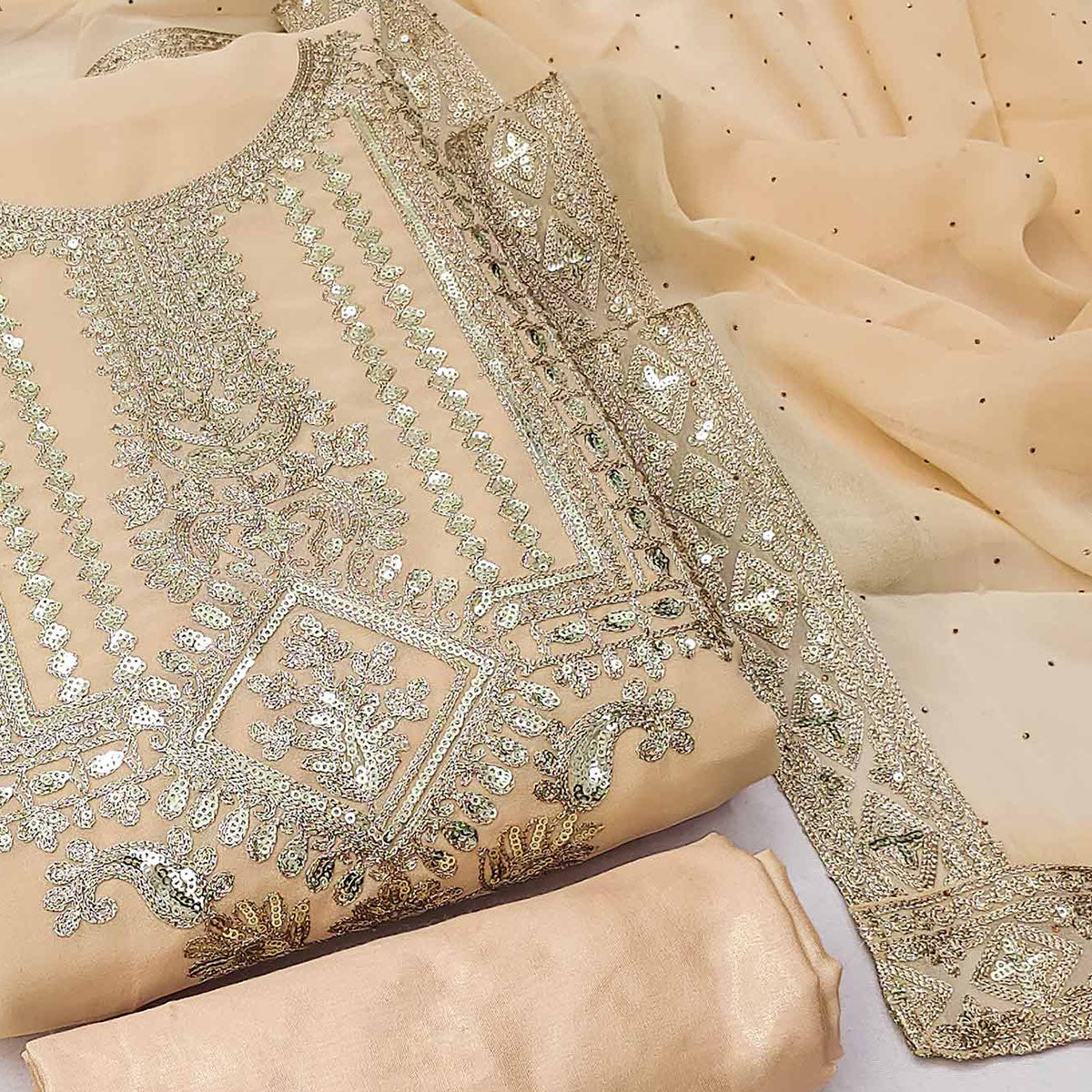 Peachmode Chikoo Floral Sequins Embroidered Georgette Dress Material - view 2