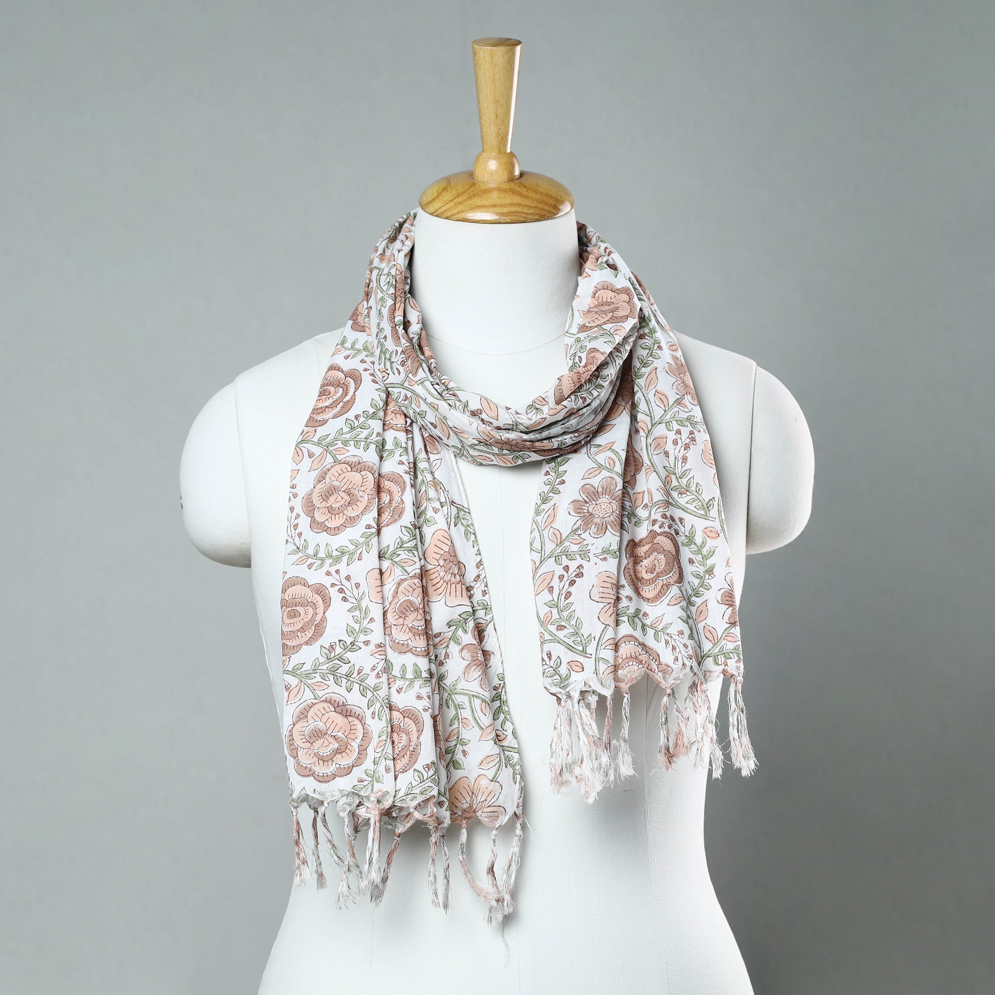 HAVELI CHRONICLES Brown - Sanganeri Block Printed Cotton Stole with Tassels 169