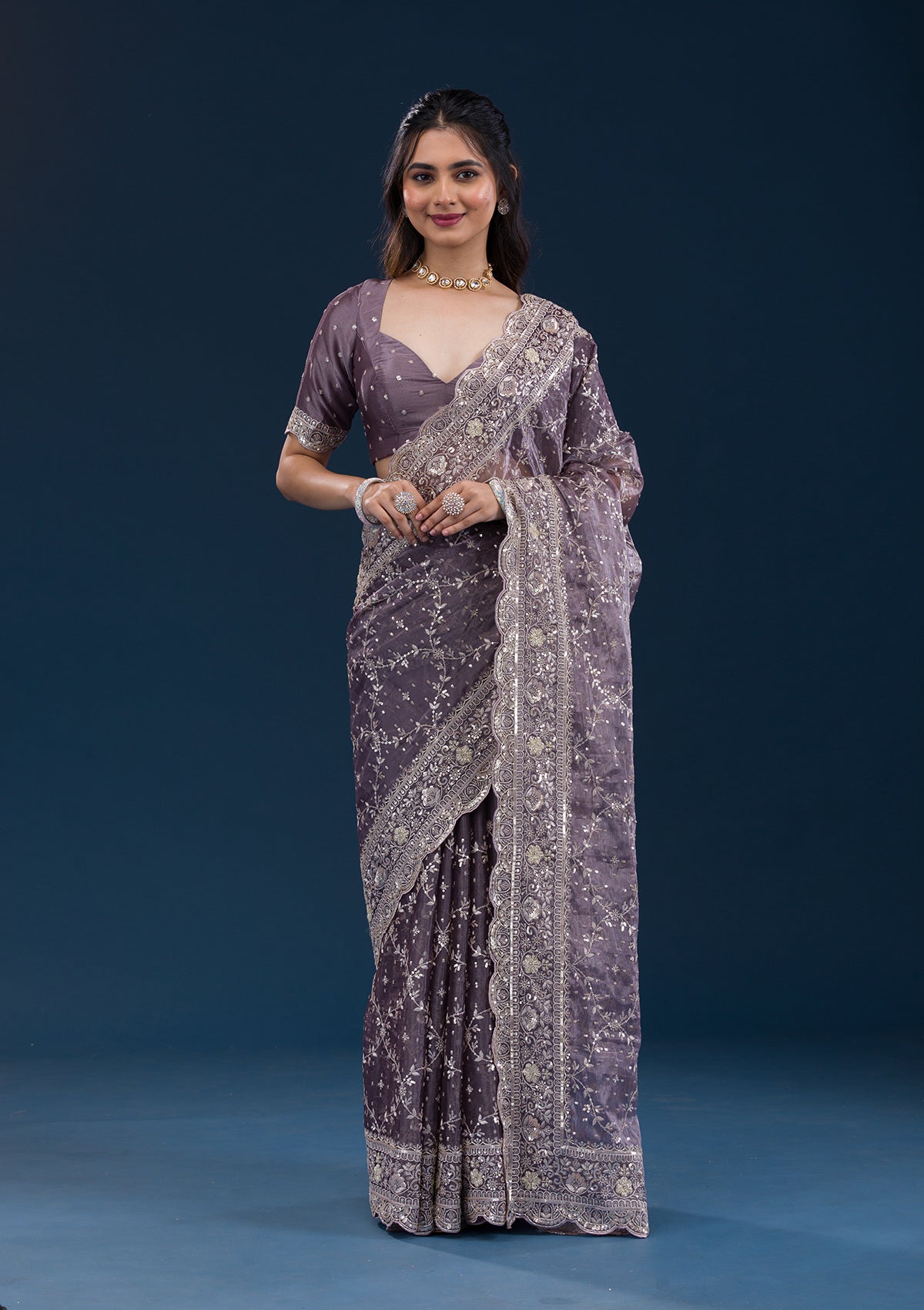 Koskii Purple Zariwork Tissue Saree – Women's