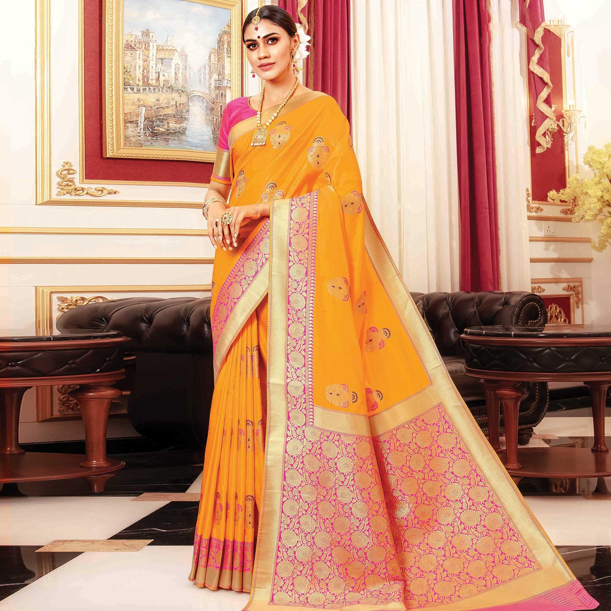 Peachmode Desirable Mustard Yellow Colored Festive Wear Woven Banarasi Silk Saree