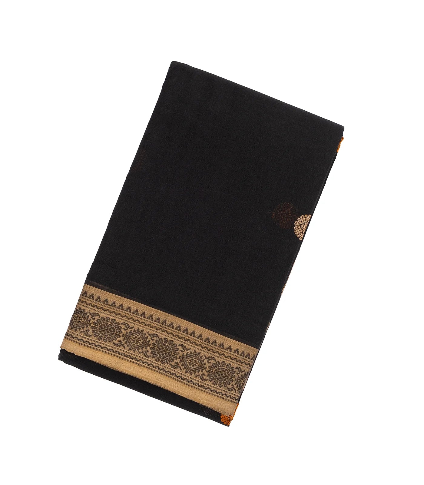 RmKV Black Handloom Kanchi Cotton Saree With Floral Buttas & Taupe Border