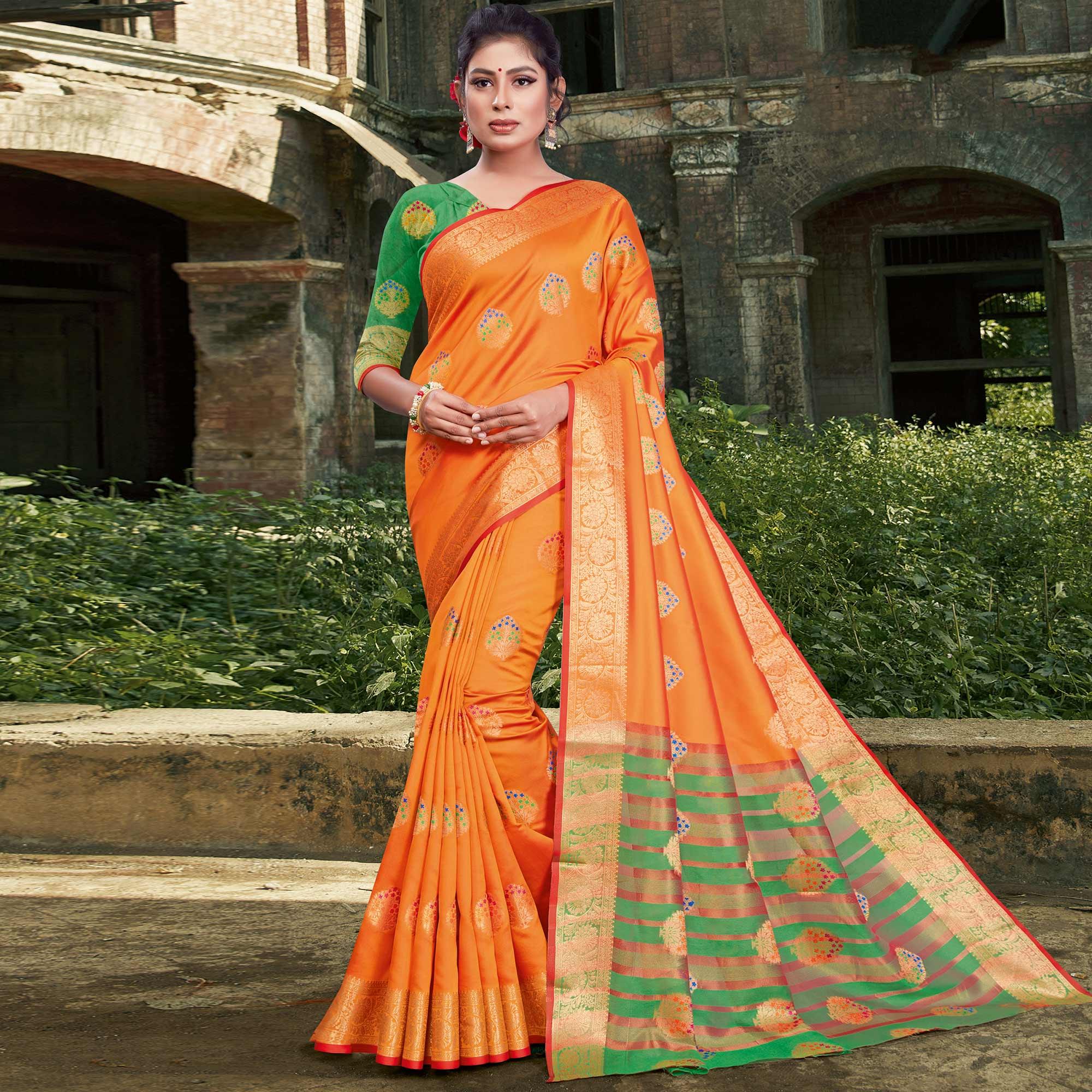 Peachmode Engrossing Orange Colored Festive Wear Woven Silk Saree