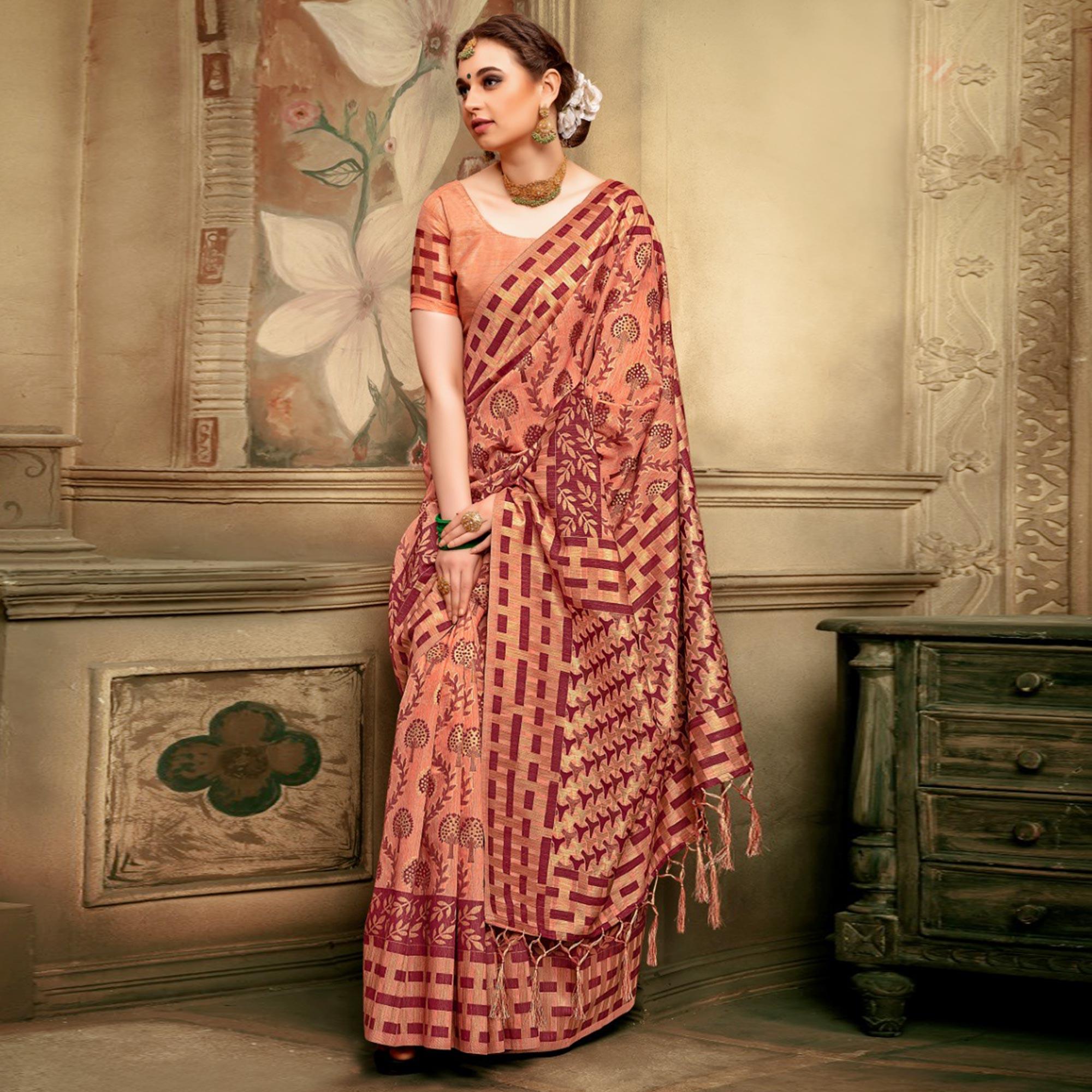 Peachmode Glorious Peach Colored Festive Wear Woven Cotton Silk Saree