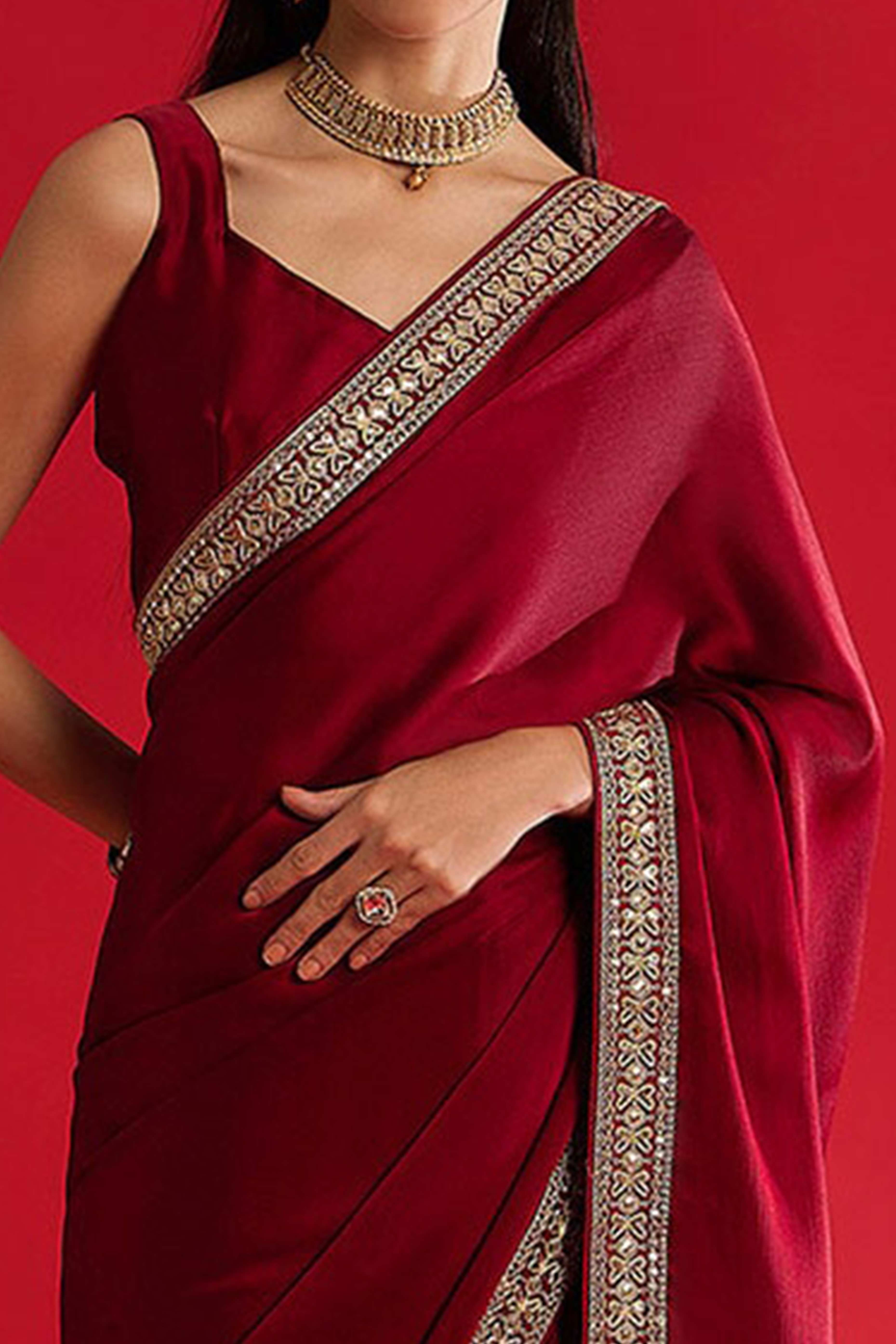 Peachmode Maroon Solid With Embellished Bordered Chiffon Sarees - view 2