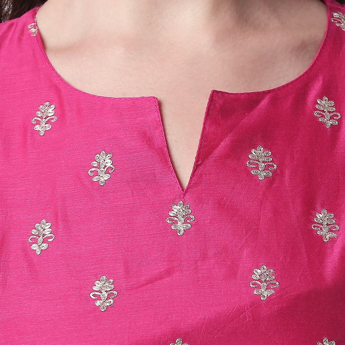 Peachmode Energetic Pink Colored Partywear Embroidered Silk Kurti - Bottom Set - view 8