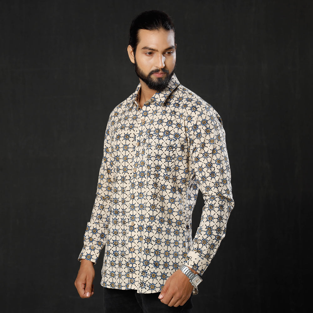 ITOKRI CASUALS Beige - Geometric Buta Ajrakh Block Printed Cotton Men Full Sleeve Shirt - view 2