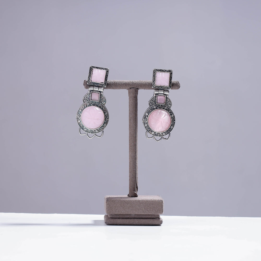 WHITE RIVER STORIES Antique Silver Finish Oxidised Brass Base Stone Work Earrings