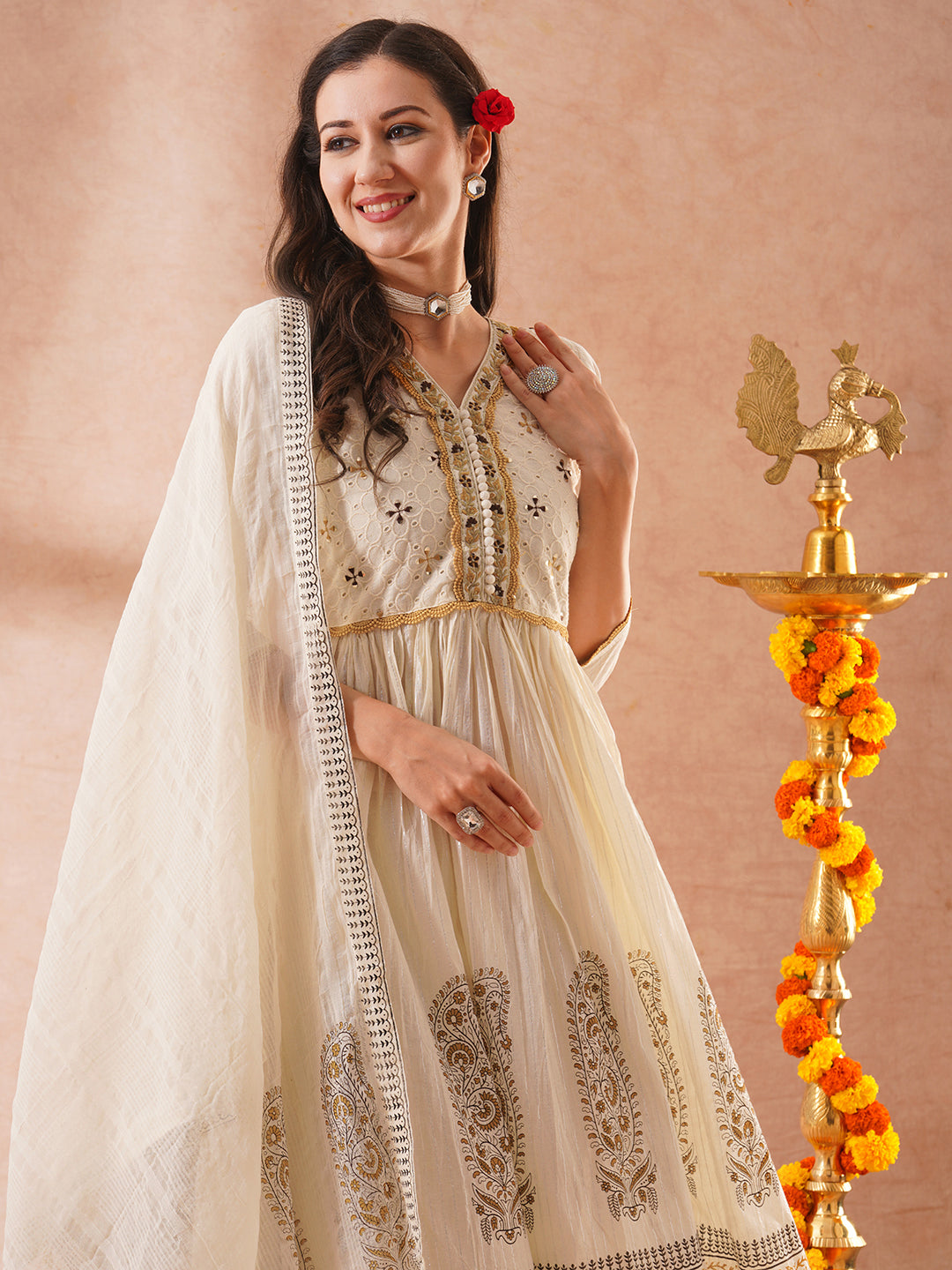 FASHOR Solid Ethnic Embroidered Lurex Striped A-Line Pleated Kurta with Pant and Dupatta - Off White - view 2