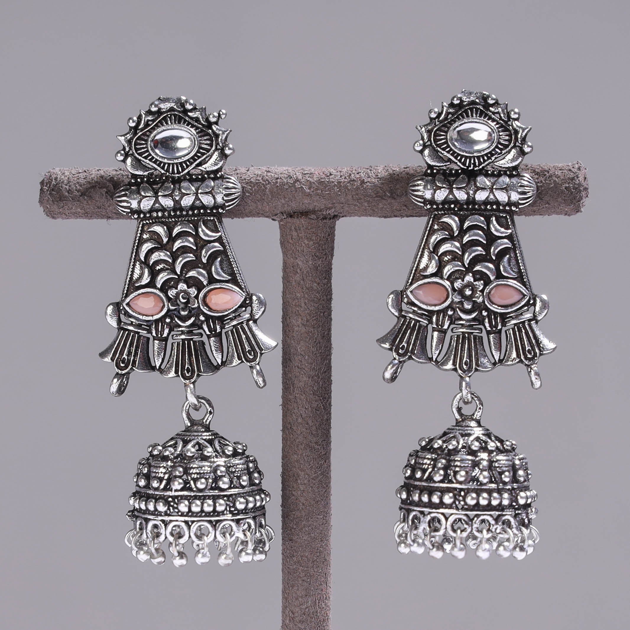 WHITE RIVER STORIES Antique Silver Finish Oxidised Brass Base Stone Work Jhumki Earrings - view 2