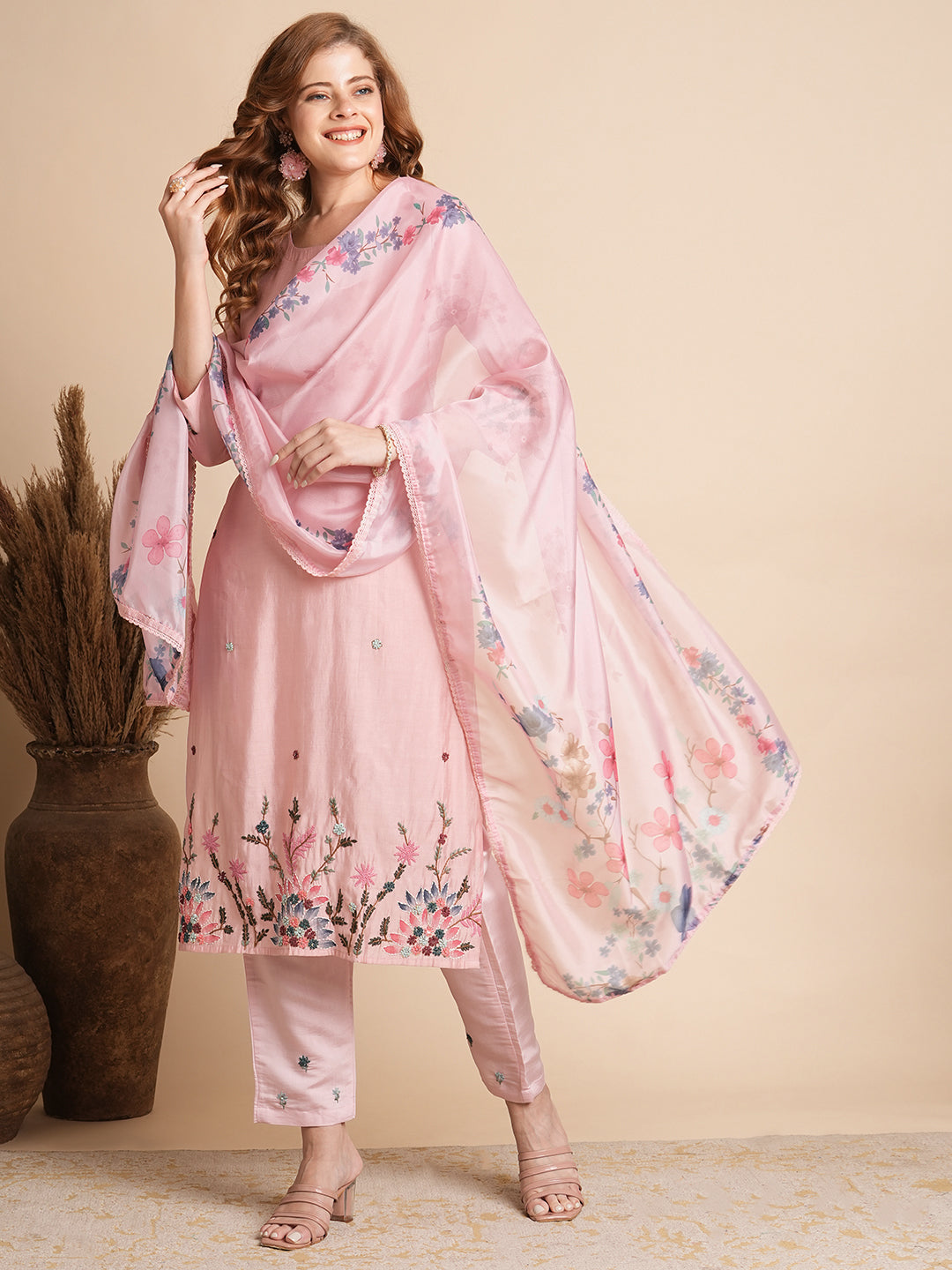 FASHOR Solid Floral Hand Embroidered Straight Fit Kurta with Pant & Dupatta - Pink