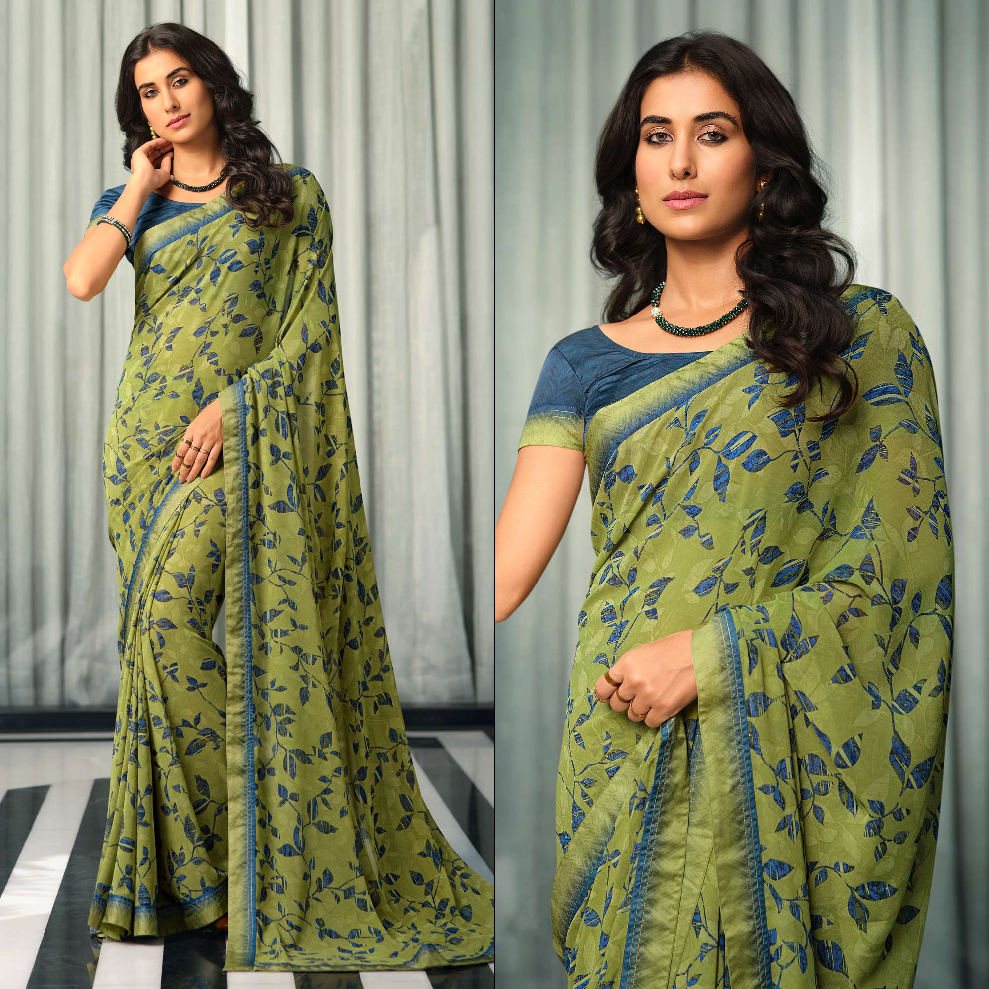 Peachmode Mehendi Green Floral Printed Georgette Saree