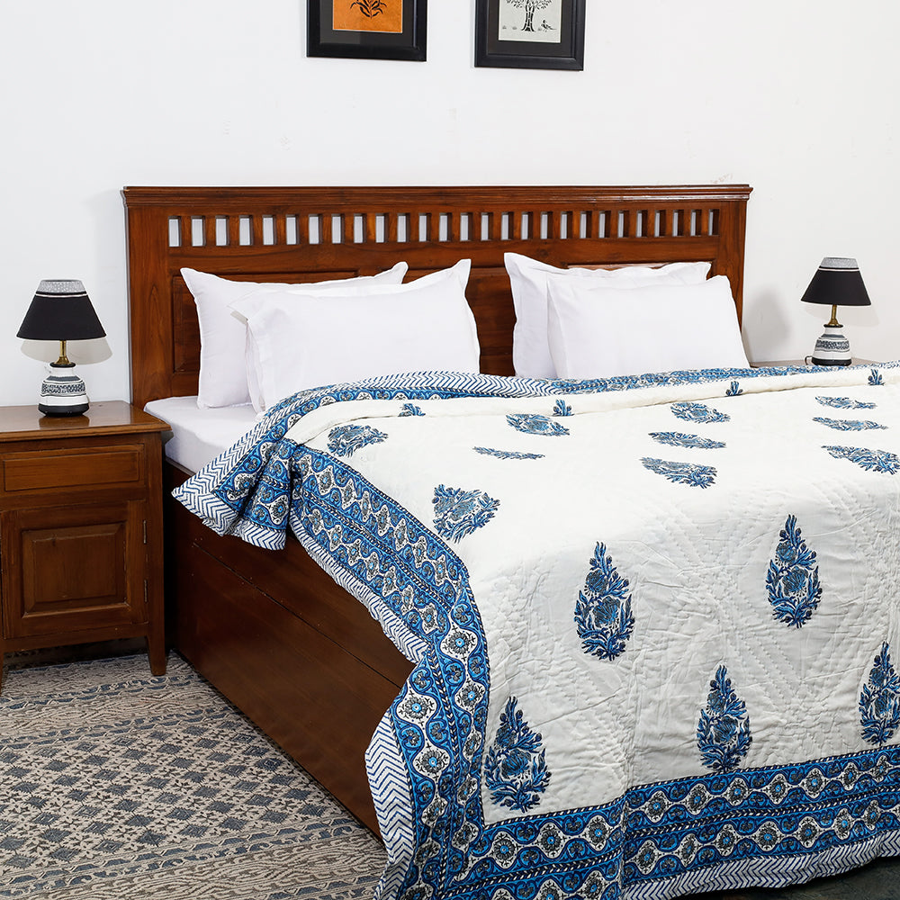 ARTISAN HAND BLOCK PRINTS Blue - Double - Sanganeri Printed Reversible Soft Cotton Quilt / Blanket (104 x 88 in)