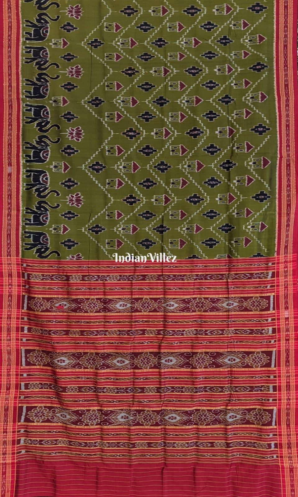 IndianVillèz Jungle Green Tribal Elephant Odisha Ikat Khandua Silk Saree