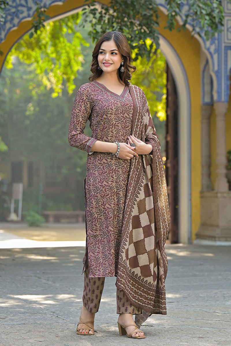 Ahika Brown Cotton Blend Floral Printed Straight Trouser Suit Set VKSKD2302 - view 3