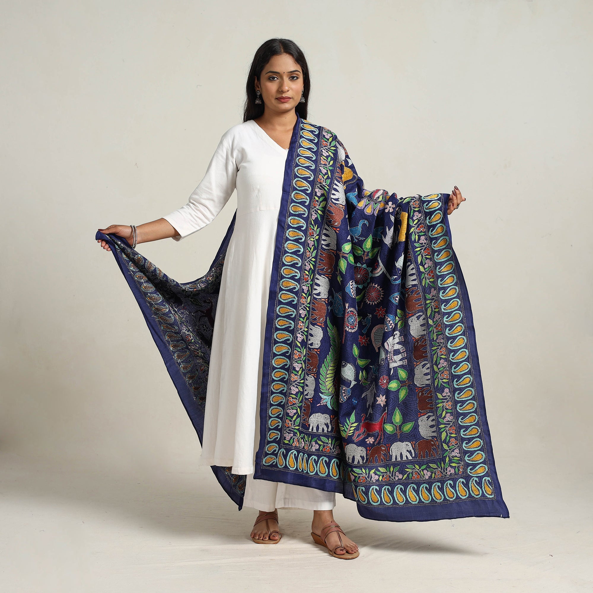 KHUSHBASH - HAPPY LOOM OF EAST Blue - Bengal Handloom Silk Kantha Embroidery Dupatta 14