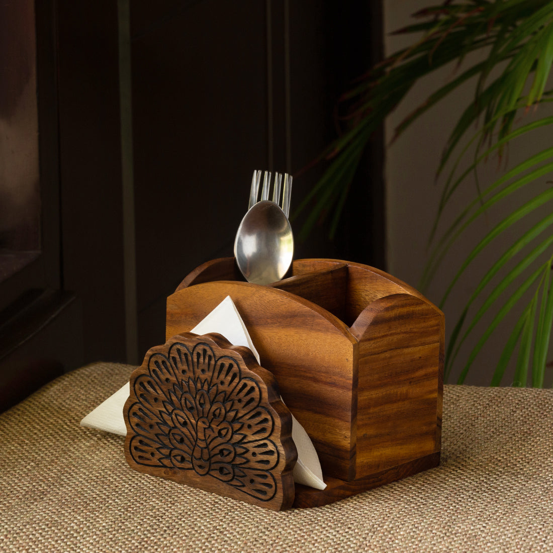 EXCLUSIVELANE 'The Dancing Peacock' Hand Carved Cutlery & Stationery Holder in Sheesham Wood