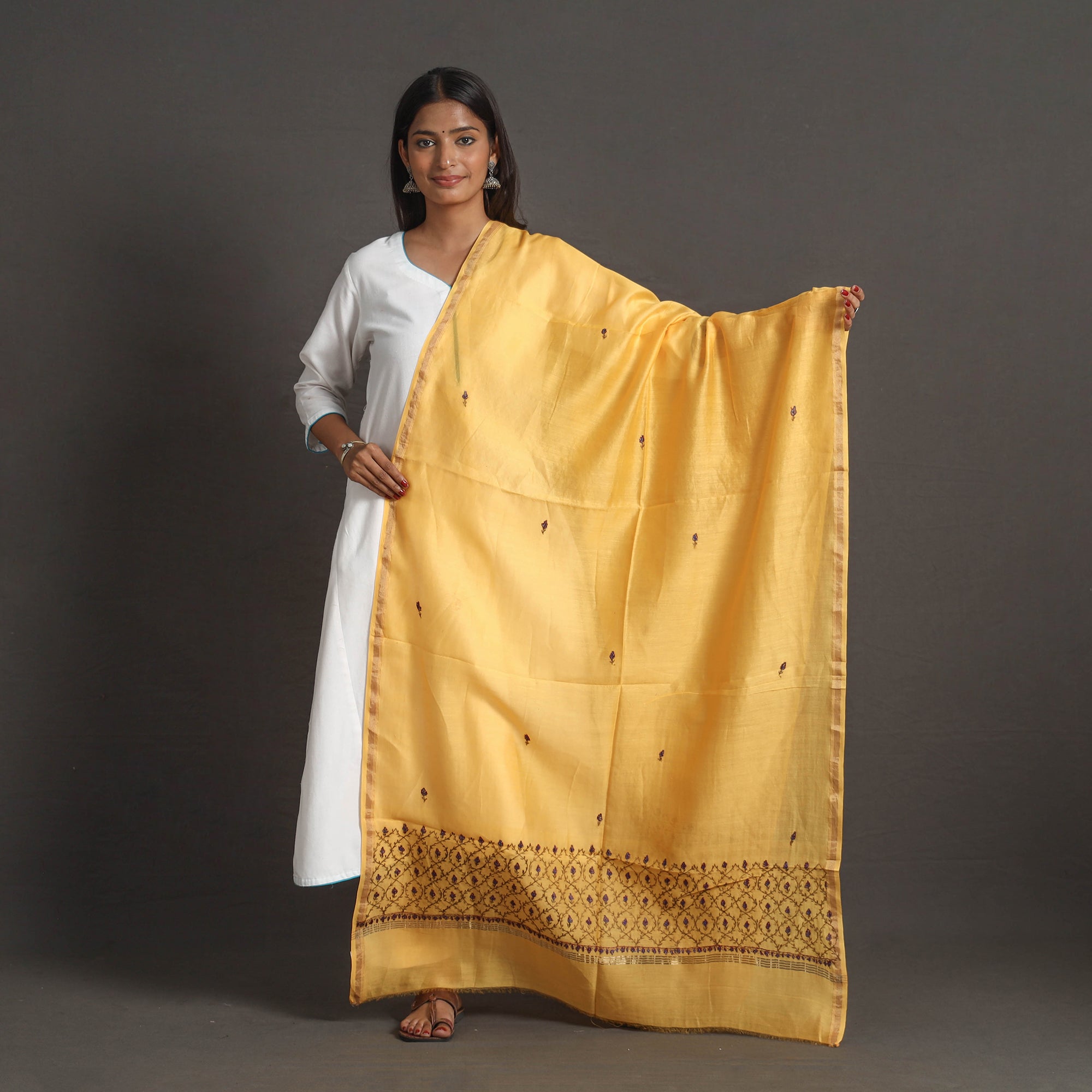 ITOKRI CRAFTS INITIATIVE Handloom Chanderi Silk Kashida Embroidery Dupatta 19
