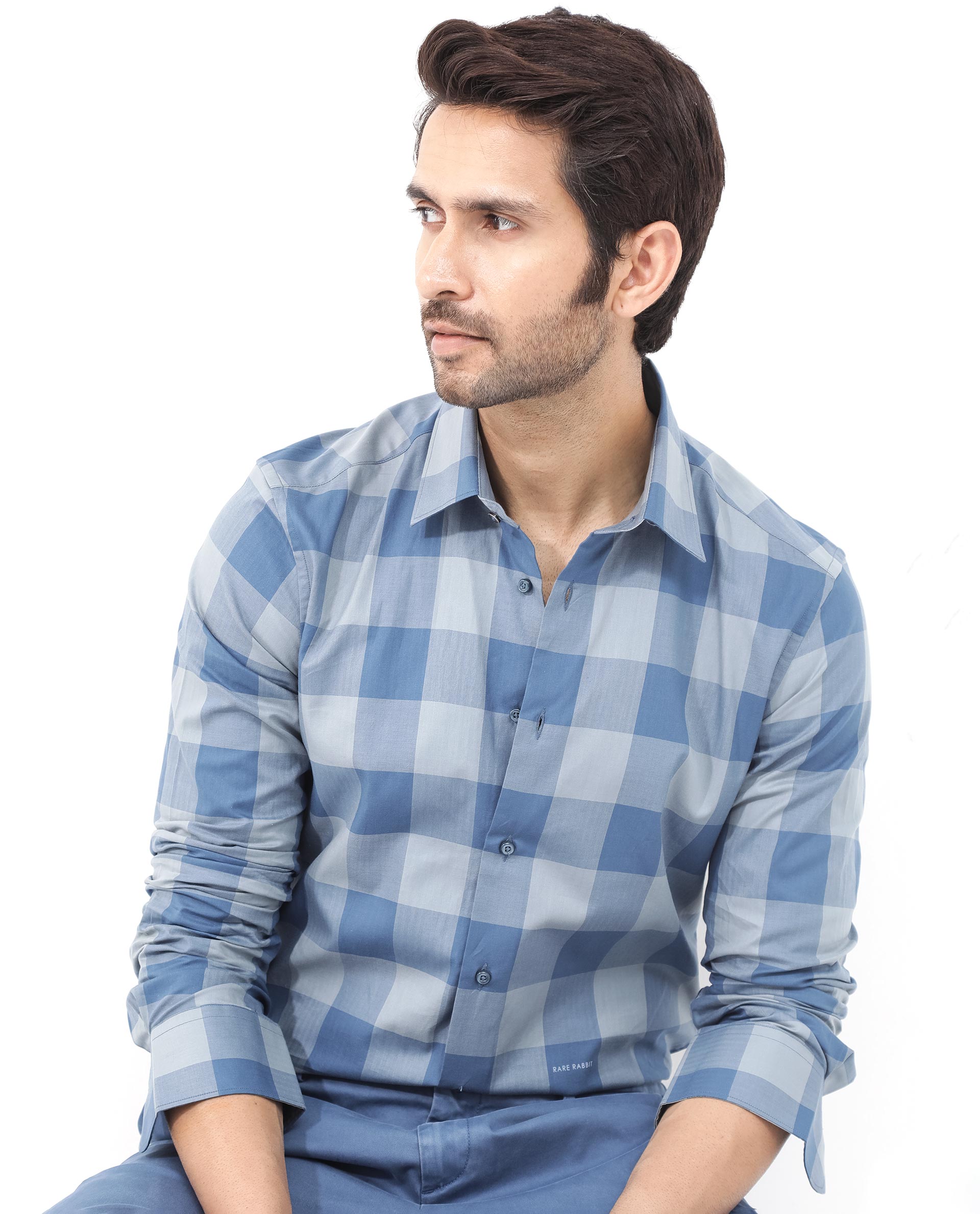 Rare Rabbit Mens Amos Blue Cotton Fabric Full Sleeve Regular Fit Checks Shirt