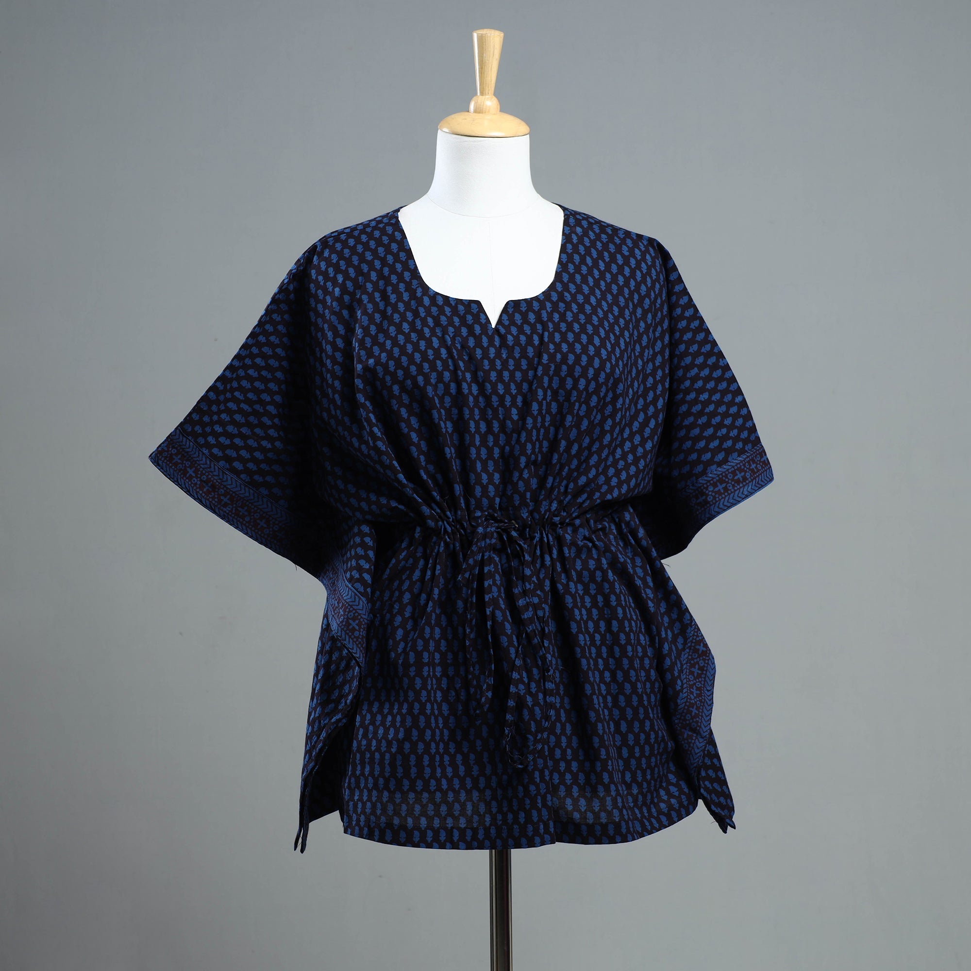 ITOKRI CASUALS Blue - Bagh Block Printed Cotton Kaftan with Tie-Up Waist (Short)