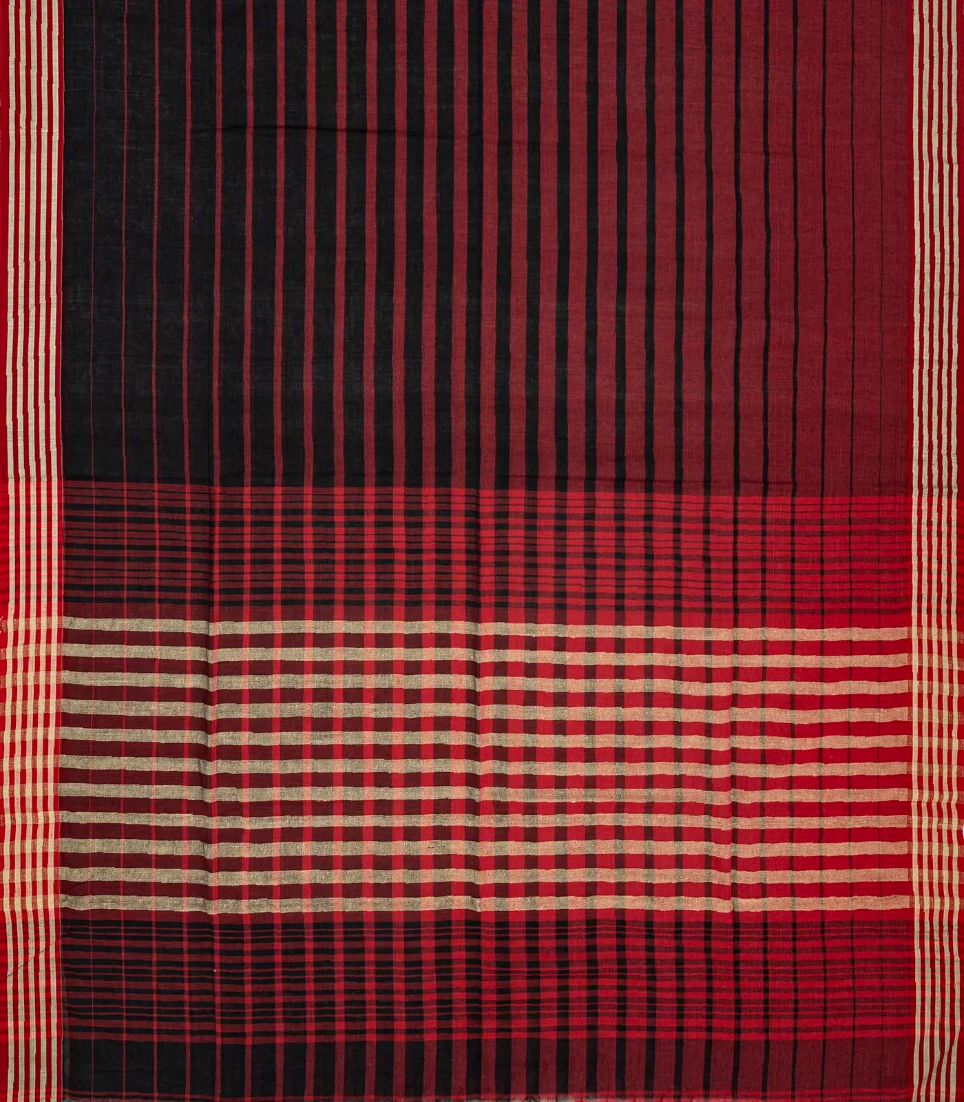 RmKV Maroon Handloom Bengal Cotton Saree With Red & Black Gradient stripes - view 2