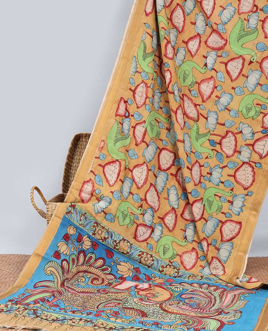 TheShoppothys Sandal pichwai lotus & birds hand-painted pen kalamkari silksaree, traditional zari border & pallu of kalamkari peacocks