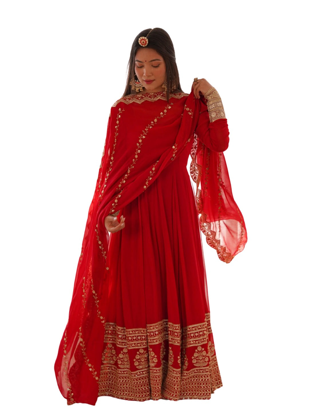 ClothsVilla Red Georgette Gown with Sequins and Zari Detailing - view 2