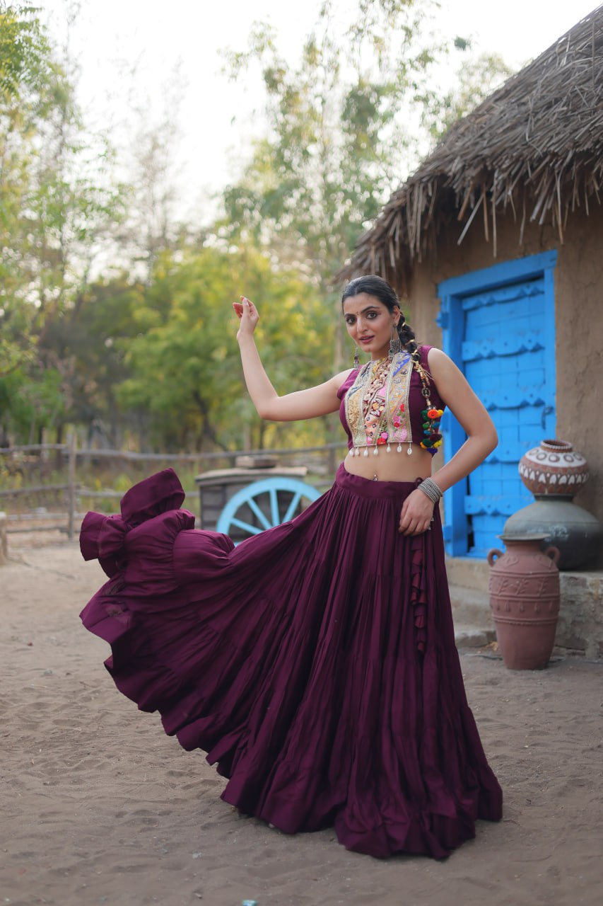 ClothsVilla Purple Rayon Lehenga Set with Embroidered Gamthi Work - view 2