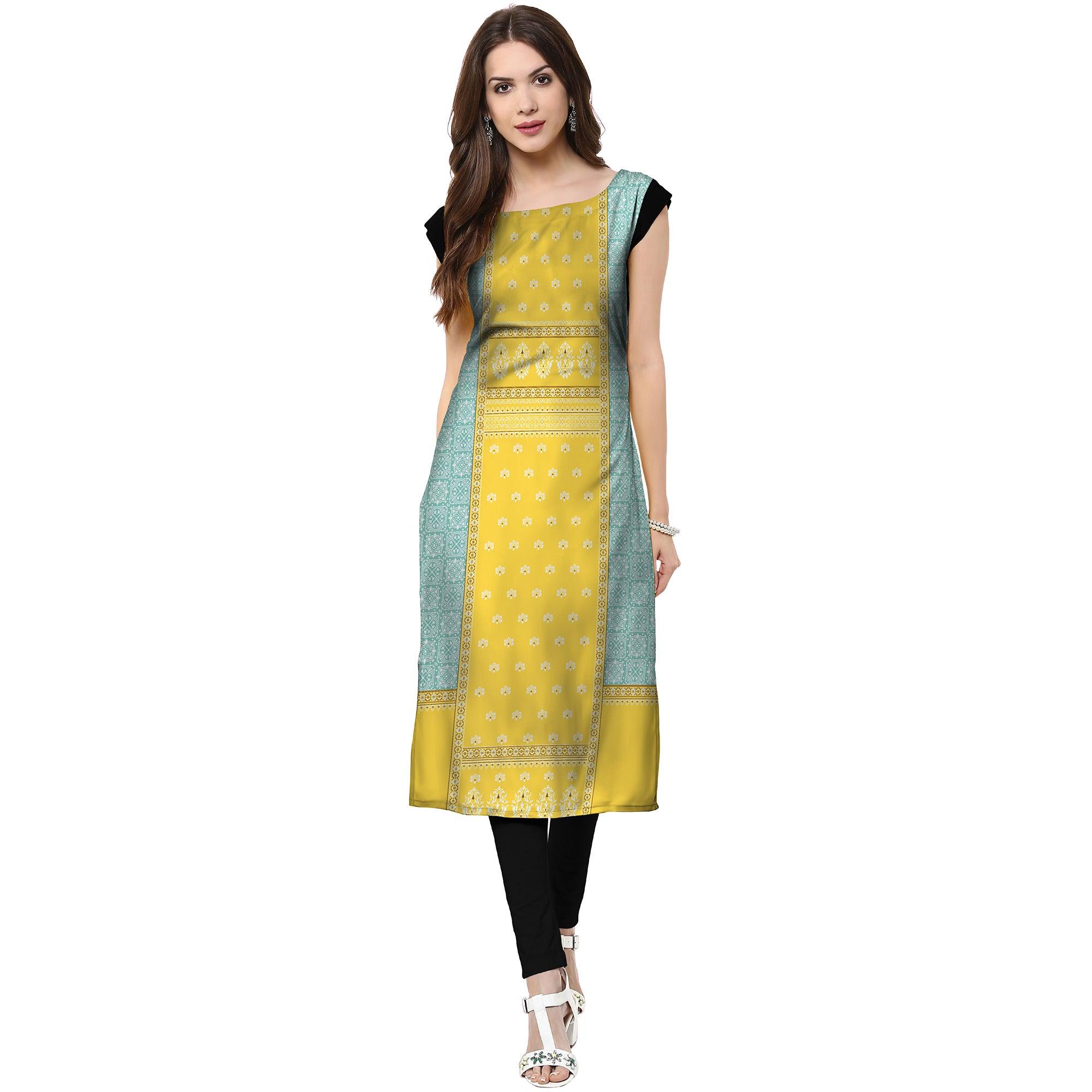 Peachmode Seller Captivating Lemon Yellow Colored Casual Printed Crepe Kurti