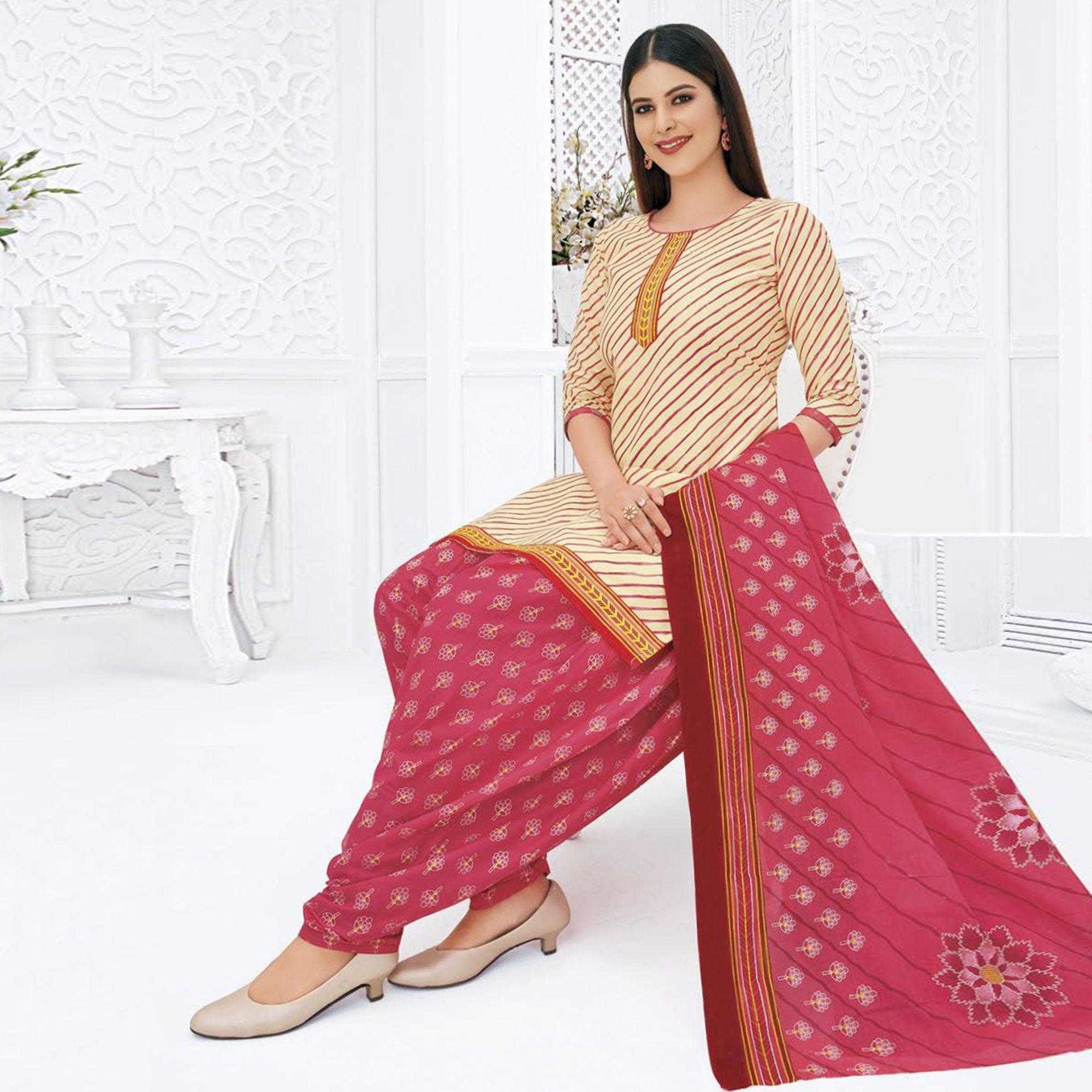 Peachmode Cream Printed Pure Cotton Stitched Patiala Suit