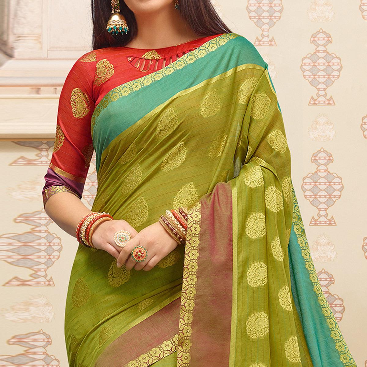 Peachmode Flattering Parrot Green Colored Festive Wear Woven Cotton Handloom Saree - view 2