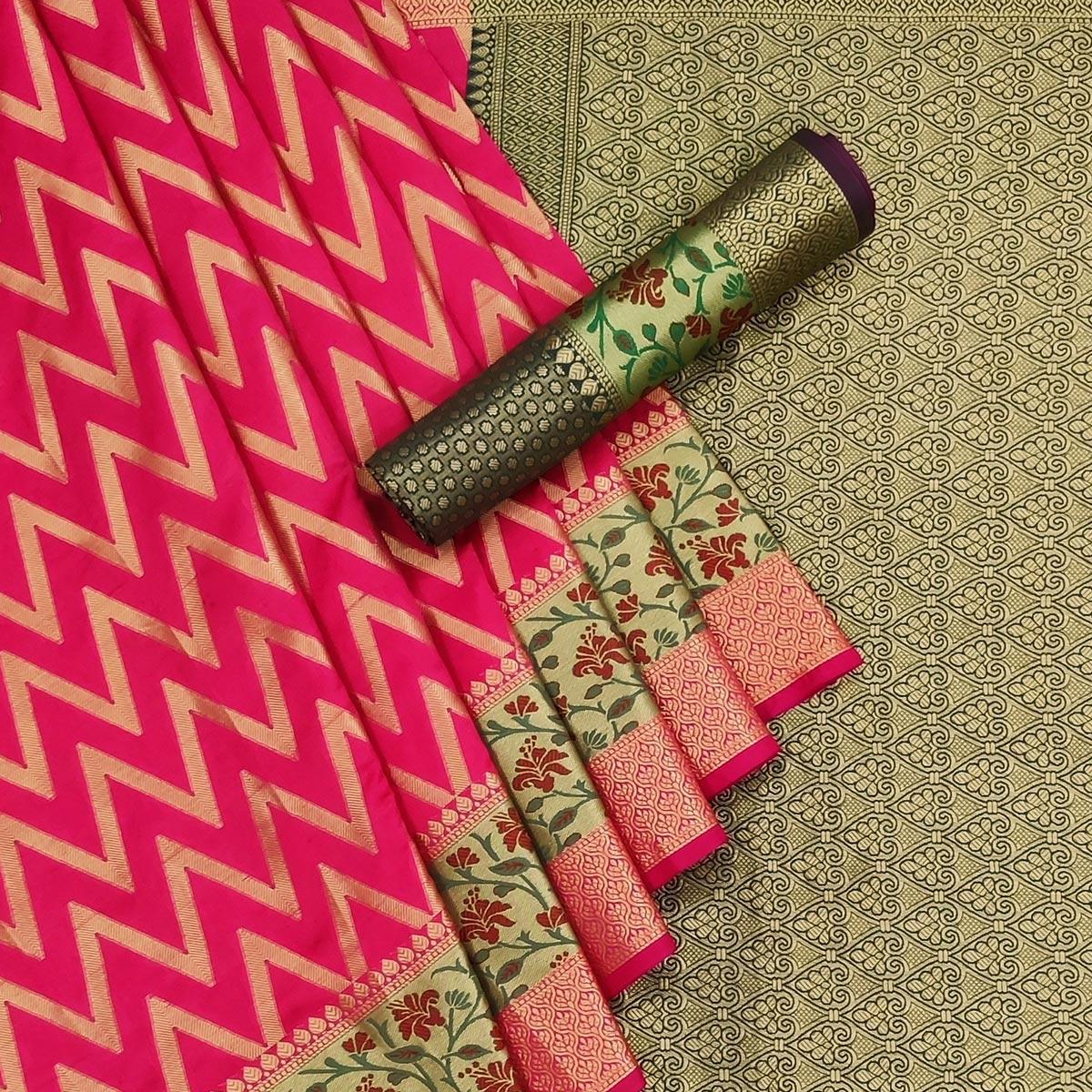 Peachmode Gajri Pink Festive Wear Floral Woven Silk Saree - view 3