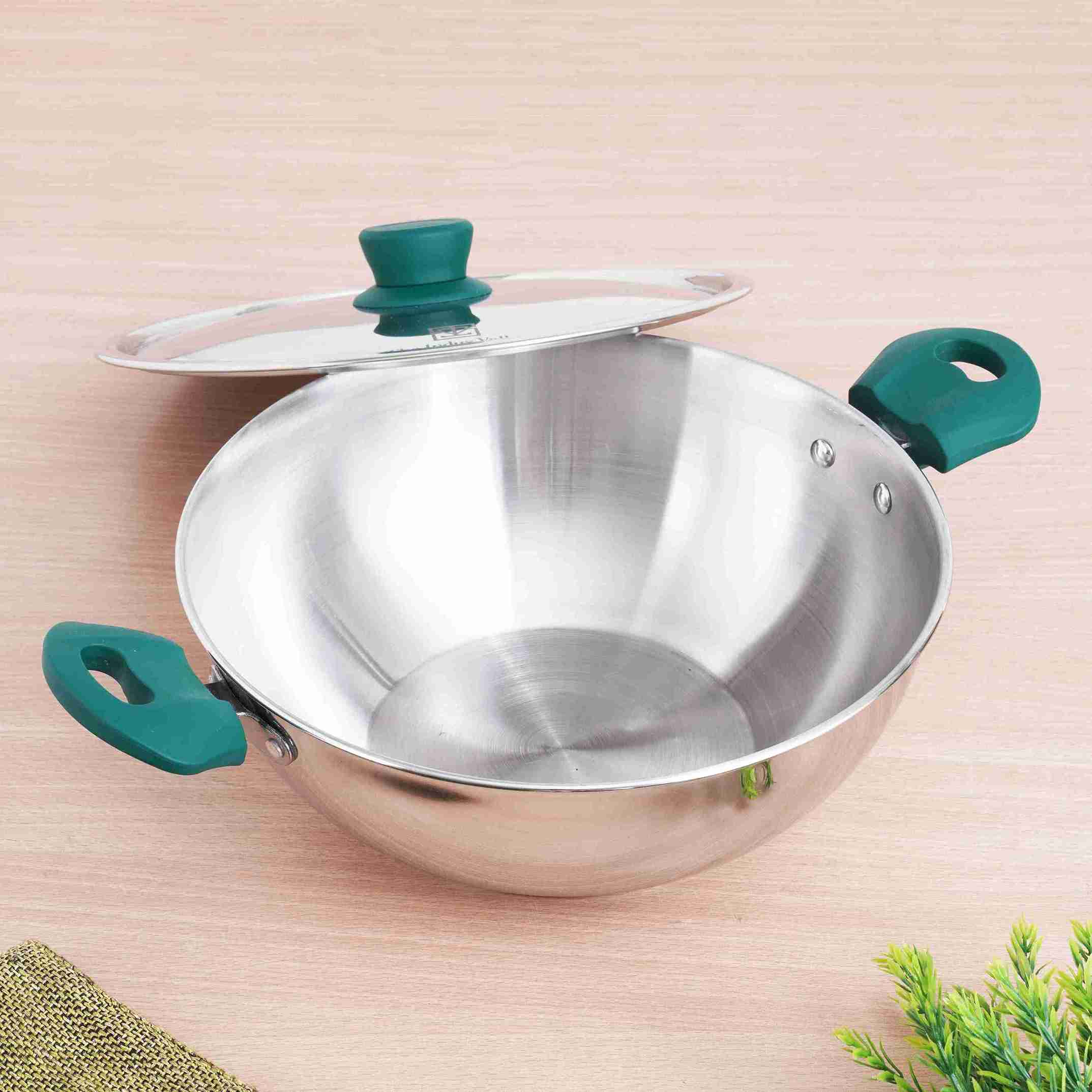 The Indus Valley Tri-Steel Stainless Steel Kadai+ Lid, Premium Quality, Tri-ply (3 Layer) Bottom, Soft-touch Handles, 100% Toxin-free, Non-stick, Indu