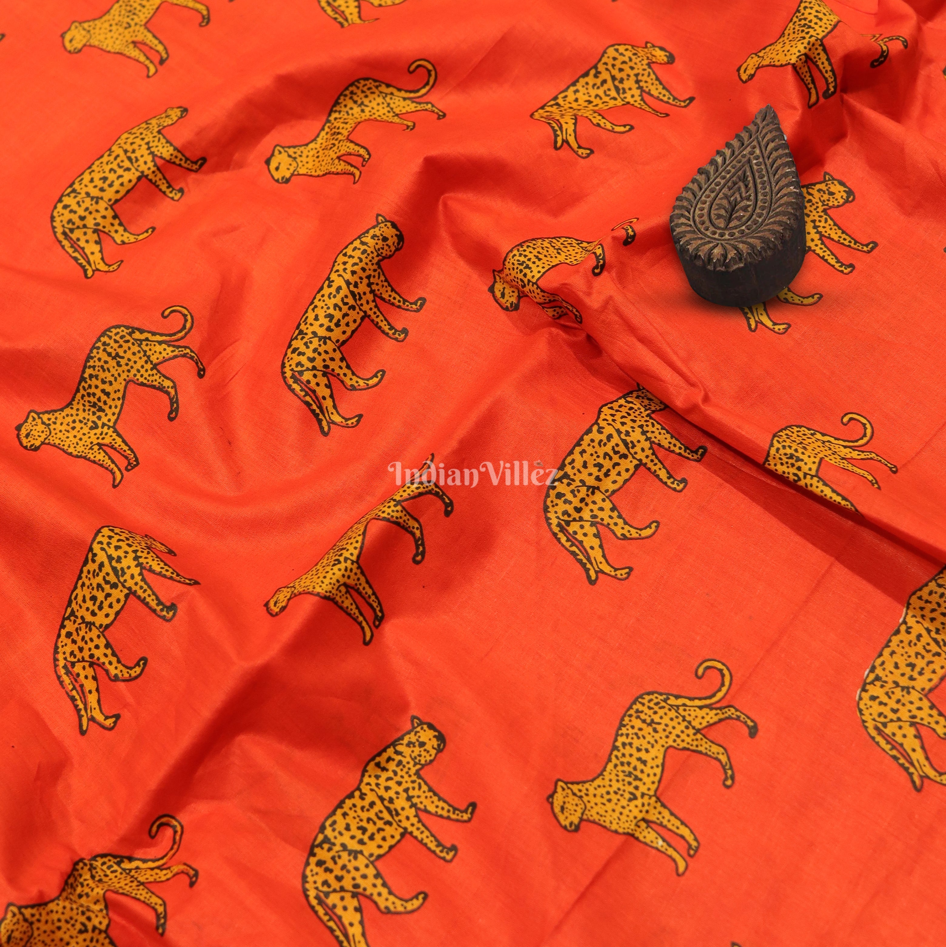 IndianVillèz Red Orange Cheetah Theme Hand Block Printed Cotton Fabric