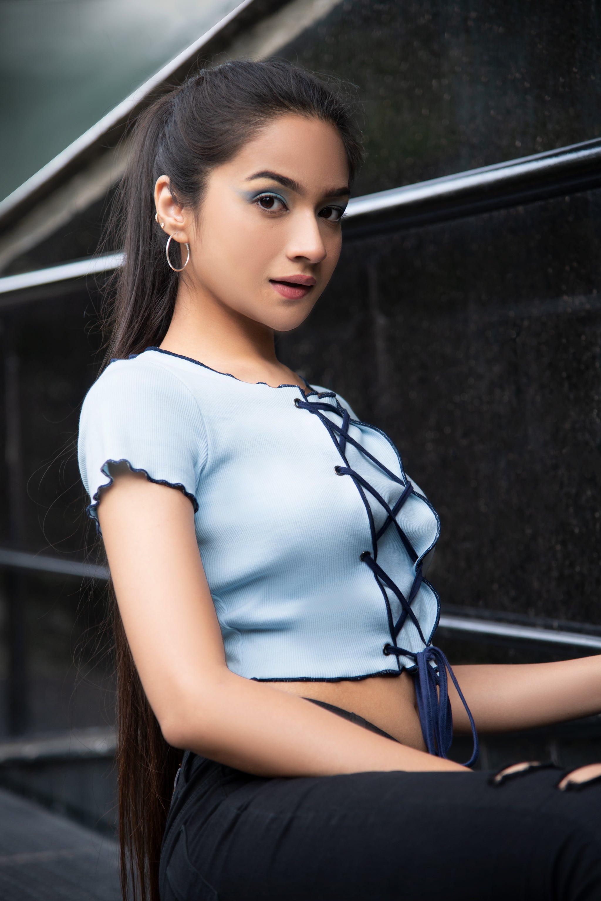 Normcore Blue Criss Cross Front Top