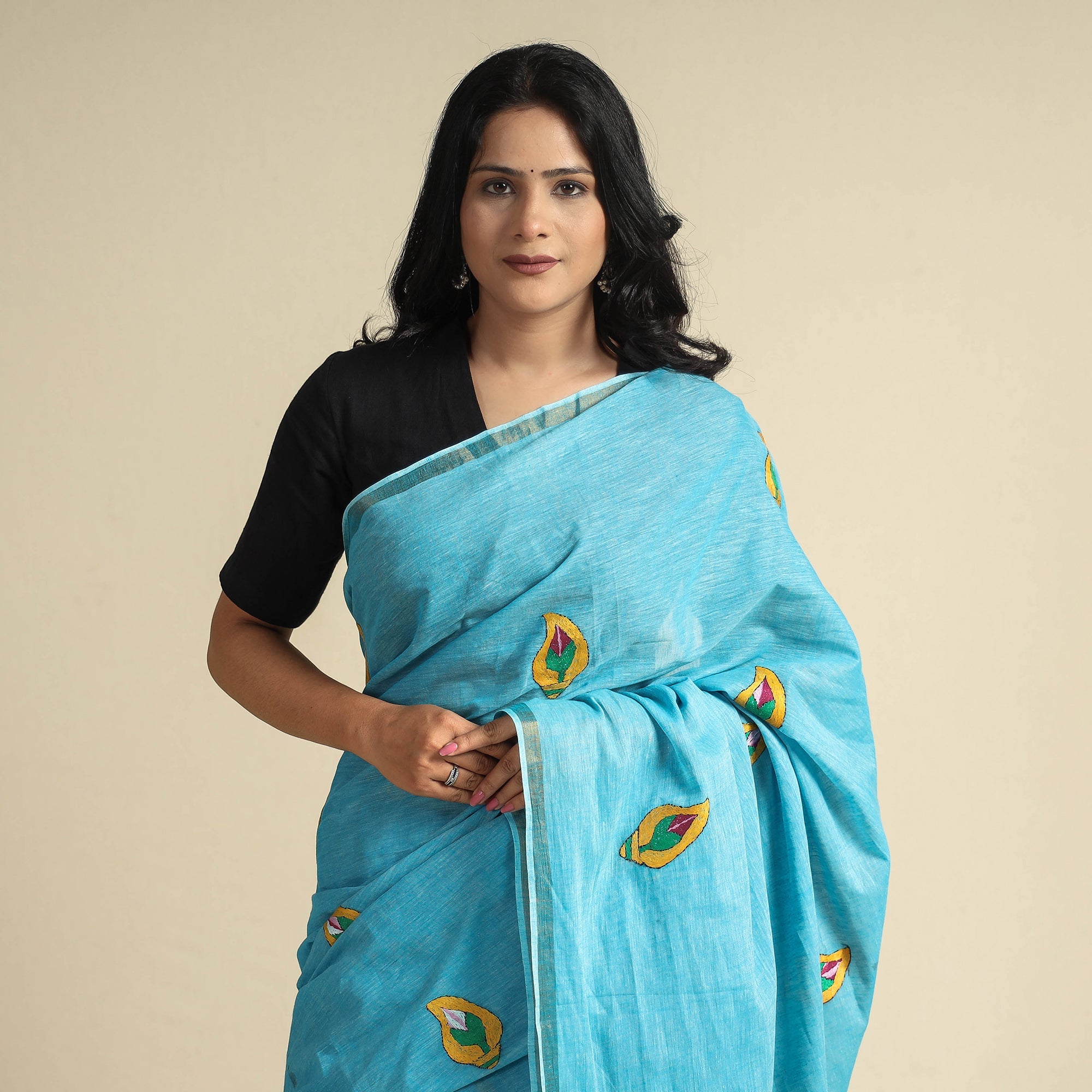 KHUSHBASH - HAPPY LOOM OF EAST Blue - Bengal Kantha Embroidery Pure Cotton Handloom Saree - view 4