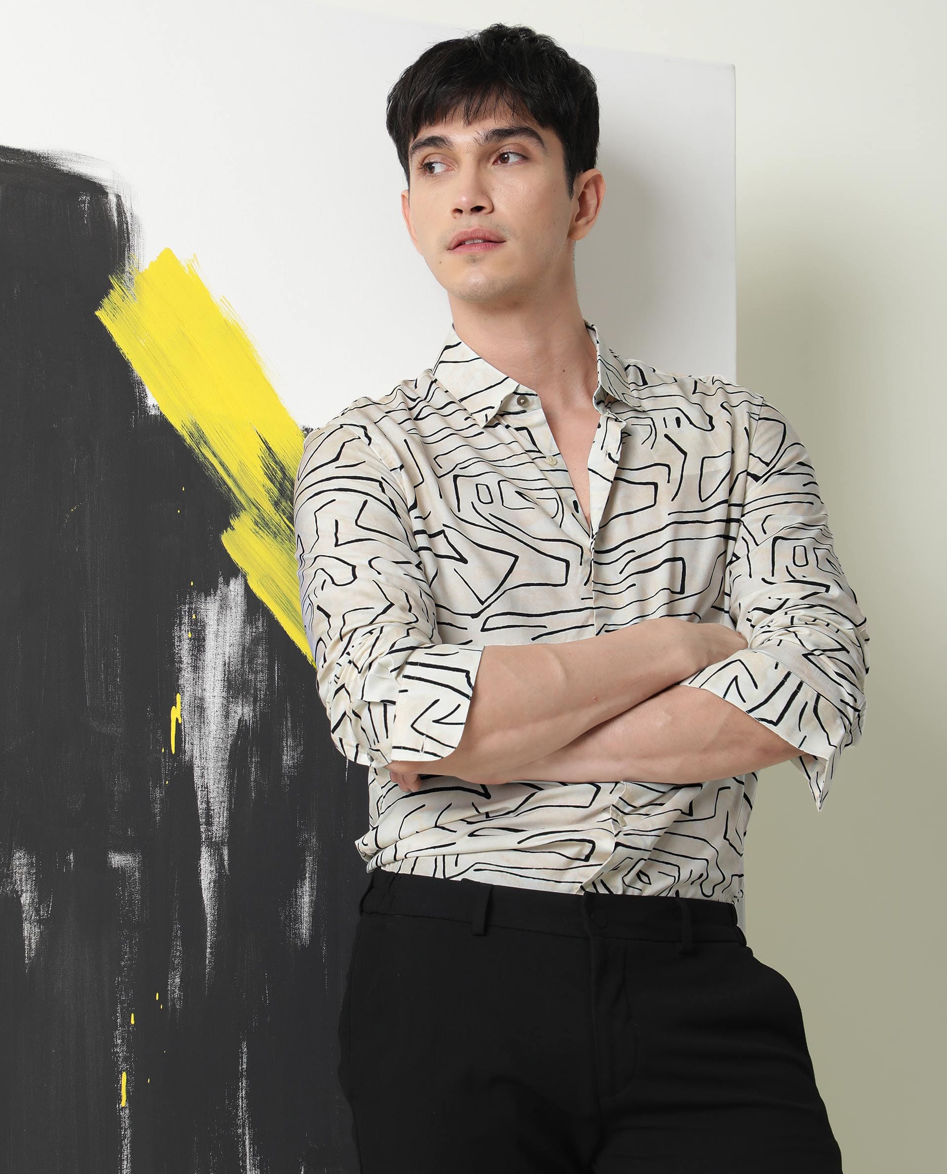 Rare Rabbit Men's Zera Off White Shirt Viscose Fabric Collared Neck Full Sleeves Button Closure