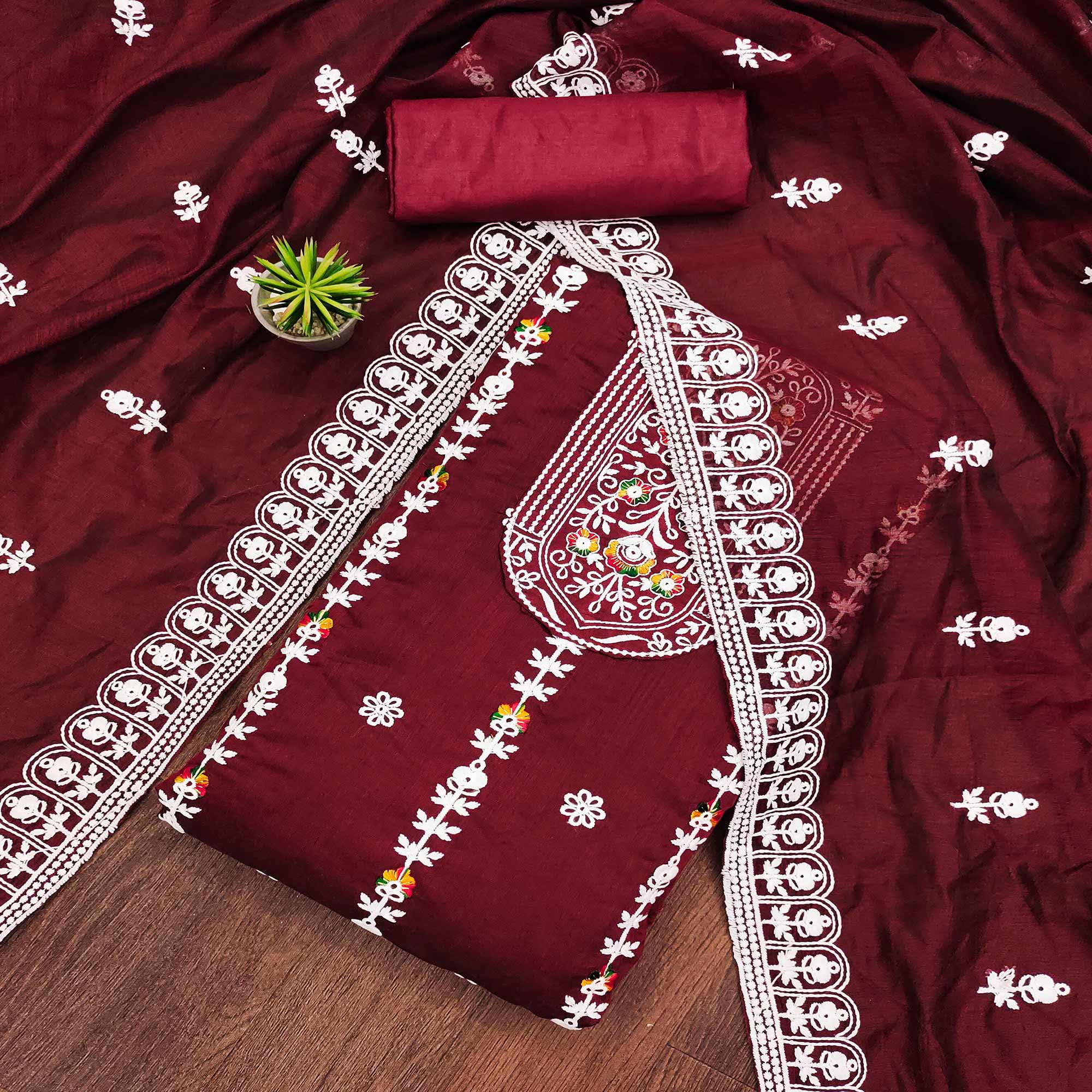 Peachmode Maroon Floral Embroidered Chanderi Cotton Dress Material