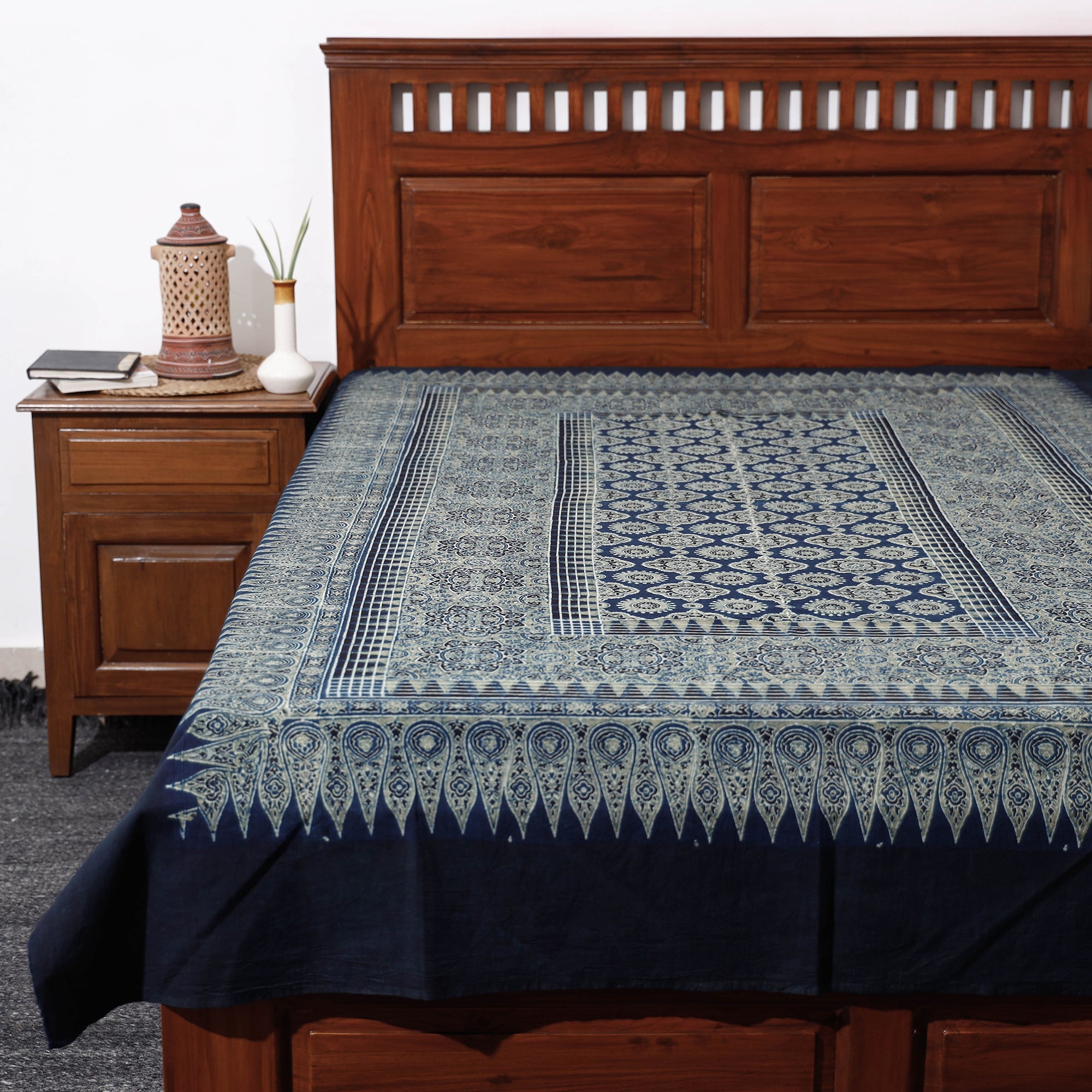 KACHCHH JI CHHAAP Blue - Ajrakh Block Printed Cotton Single Bed Cover (90 x 60 in)