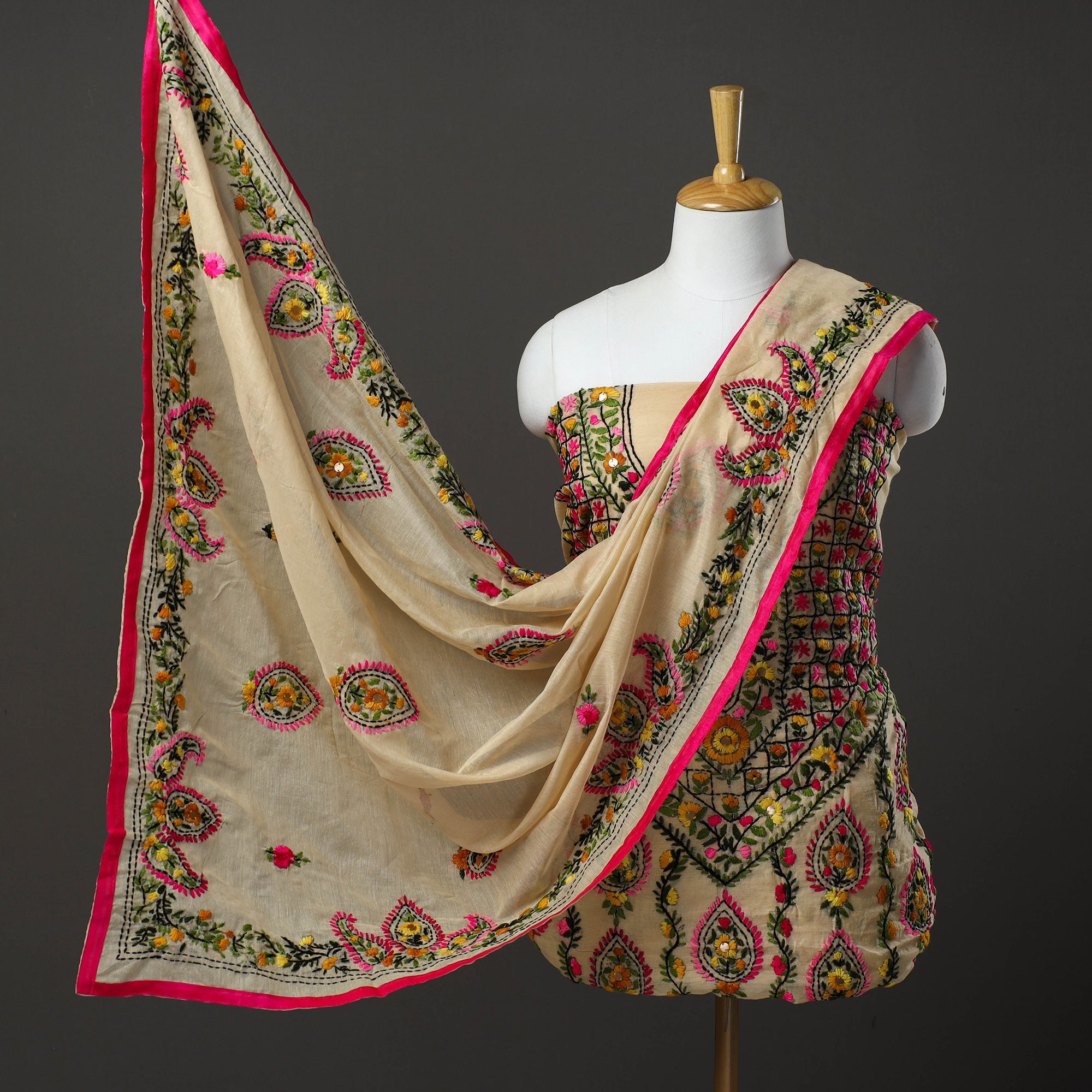 ITOKRI CRAFTS INITIATIVE Beige - 3pc Hand Embroidery Chanderi Silk Phulkari Dress Material 88